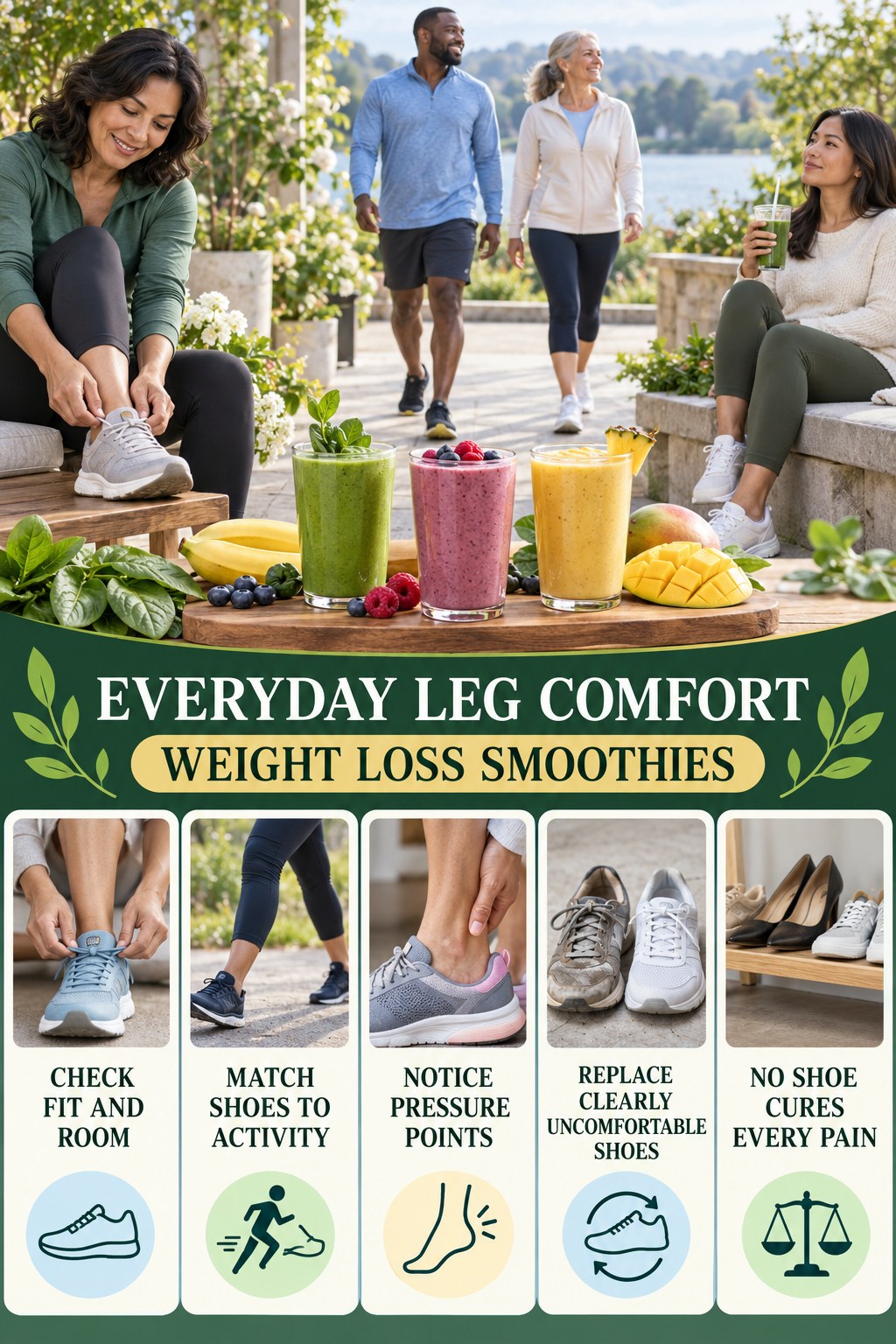 Comfortable Footwear Awareness infographic for Weight Loss Smoothies with five gentle movement, position, footwear, recovery, or safety actions.