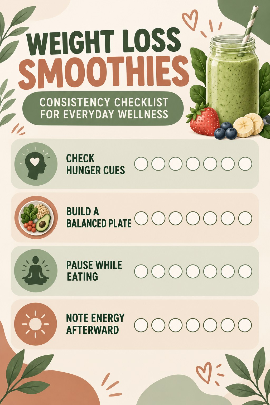 Weight Loss Smoothies Consistency Checklist for Everyday Wellness infographic with checkboxes for check hunger cues, build a balanced plate, pause while eating, note energy afterward.