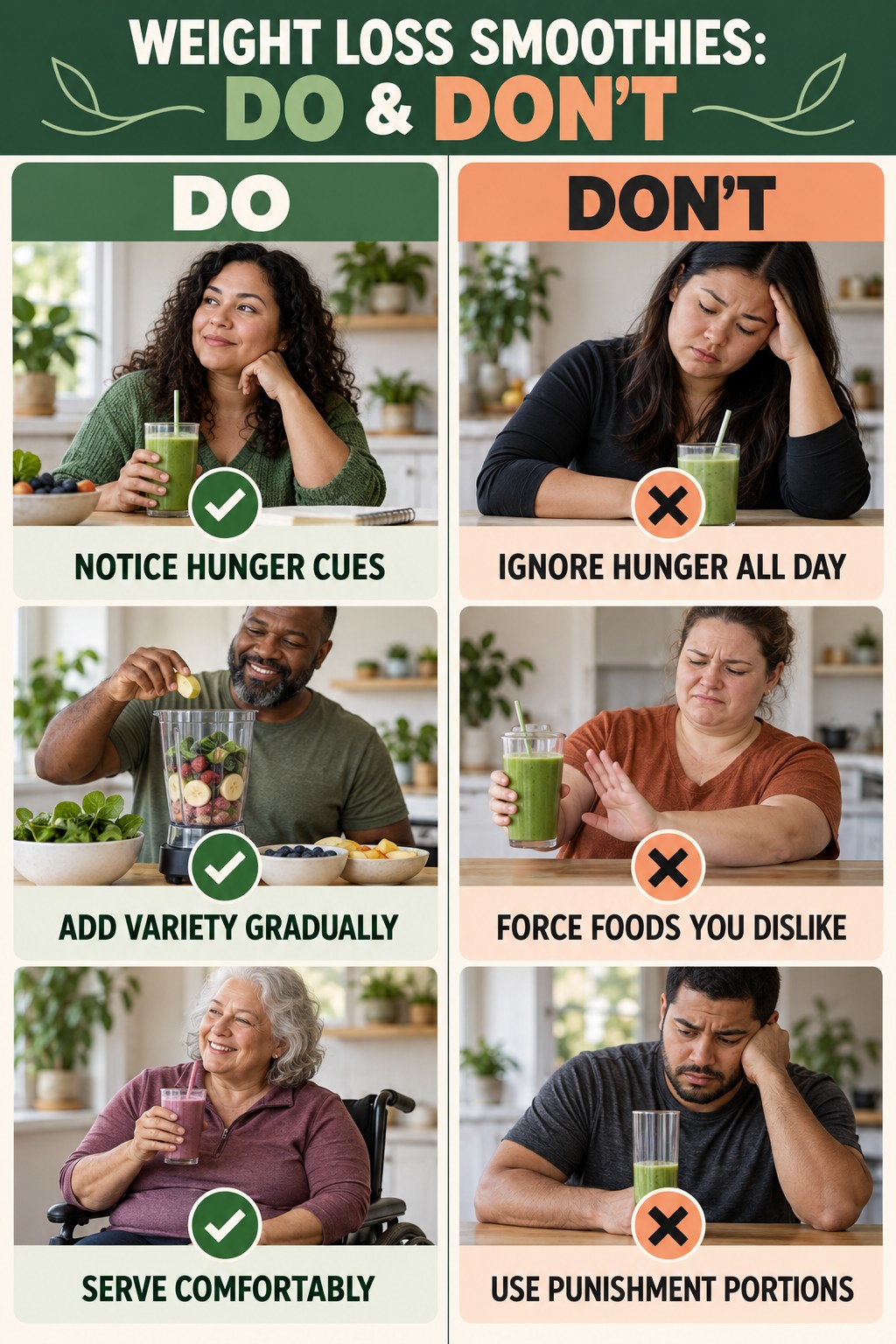Weight Loss Smoothies Do and Don’t comparison graphic showing three practical behavior pairs for busy-day meals.