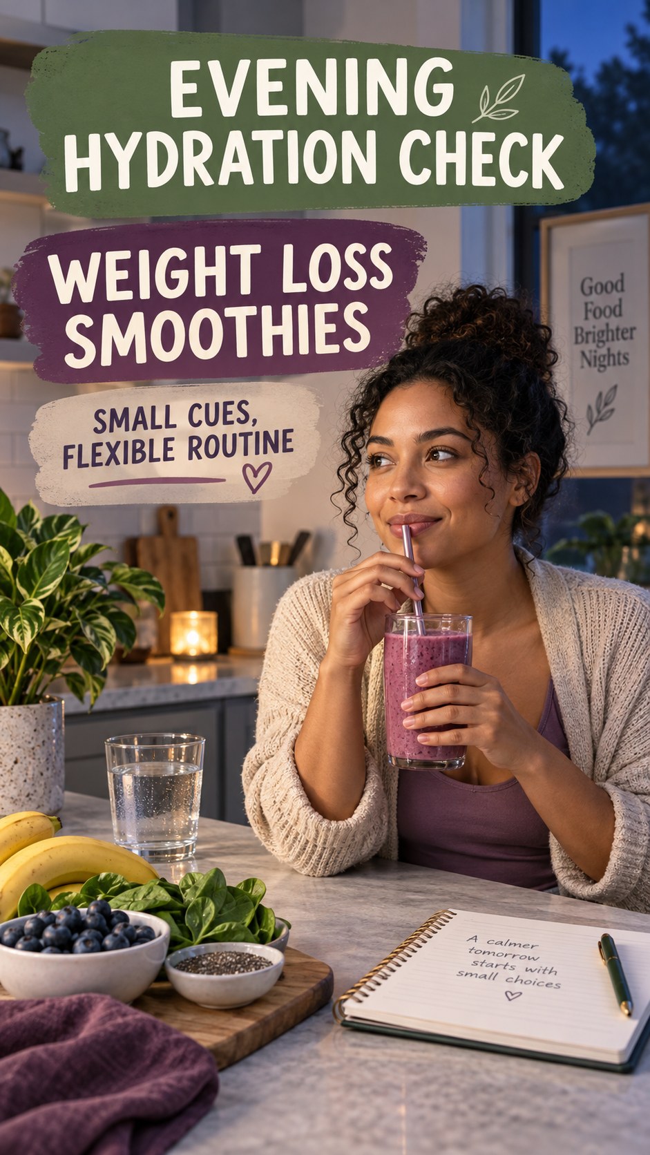 Evening Hydration Awareness infographic for Weight Loss Smoothies, showing a flexible and calming evening wellness routine.