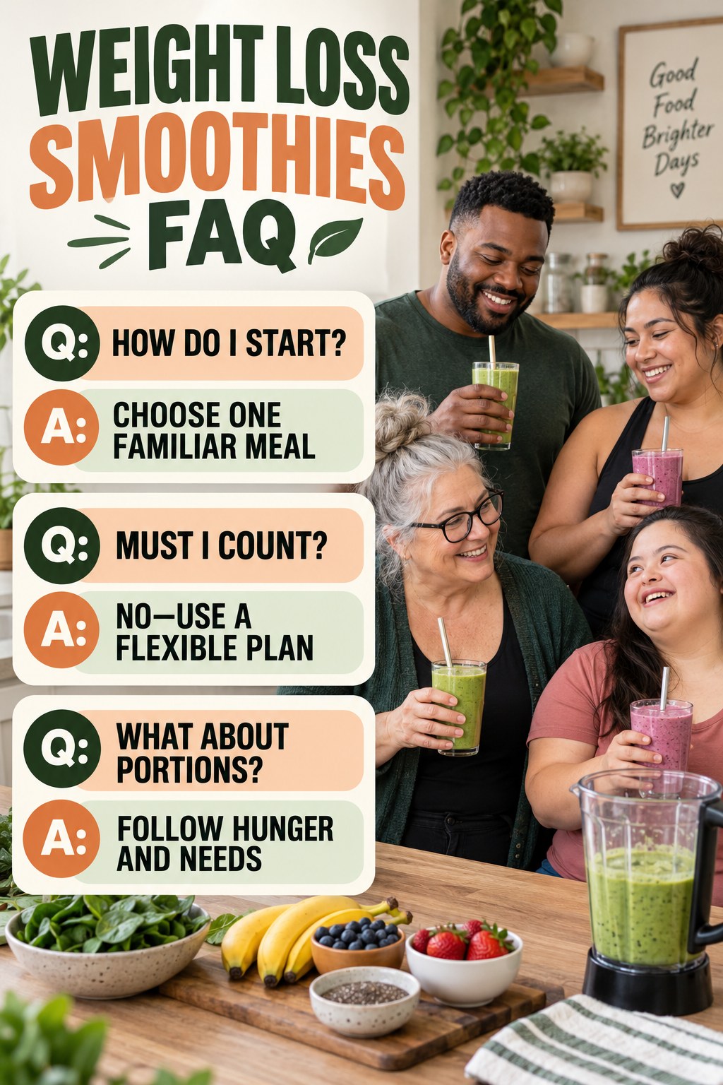 Weight Loss Smoothies FAQ graphic with three concise questions and practical answers for beginners.