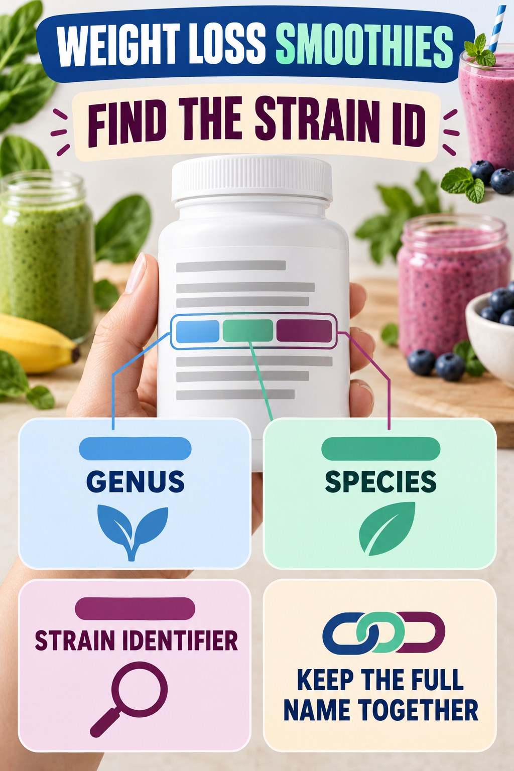 Find the Strain Identifier on a Probiotic Label infographic for Weight Loss Smoothies with four concise probiotic-label reading points.