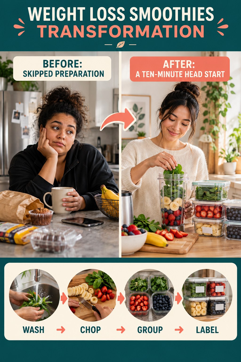 Weight Loss Smoothies habit transformation graphic comparing skipped preparation with a ten-minute head start using four practical steps.