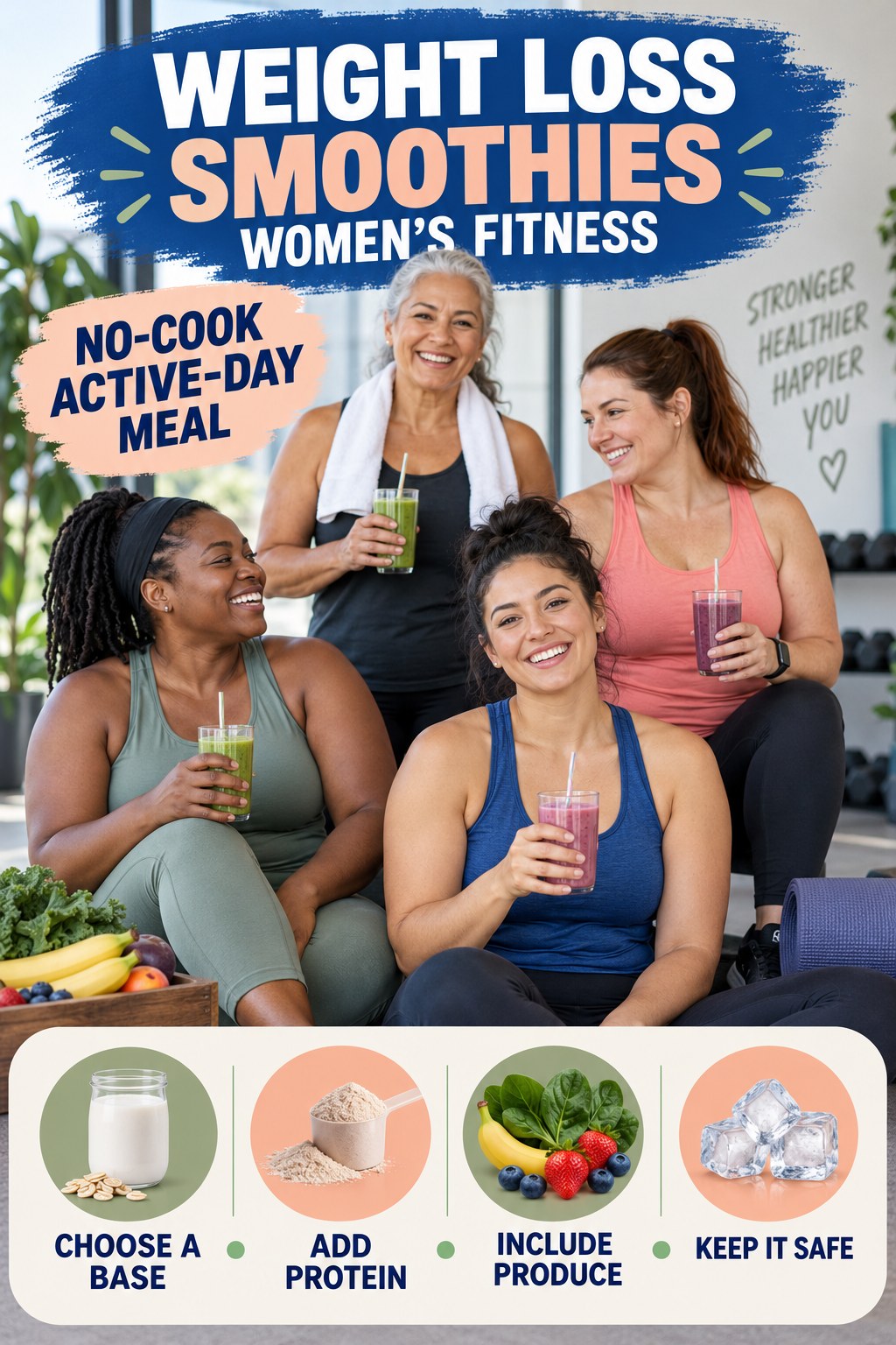 Weight Loss Smoothies women’s fitness graphic titled No-Cook Active-Day Meal with four practical training prompts.