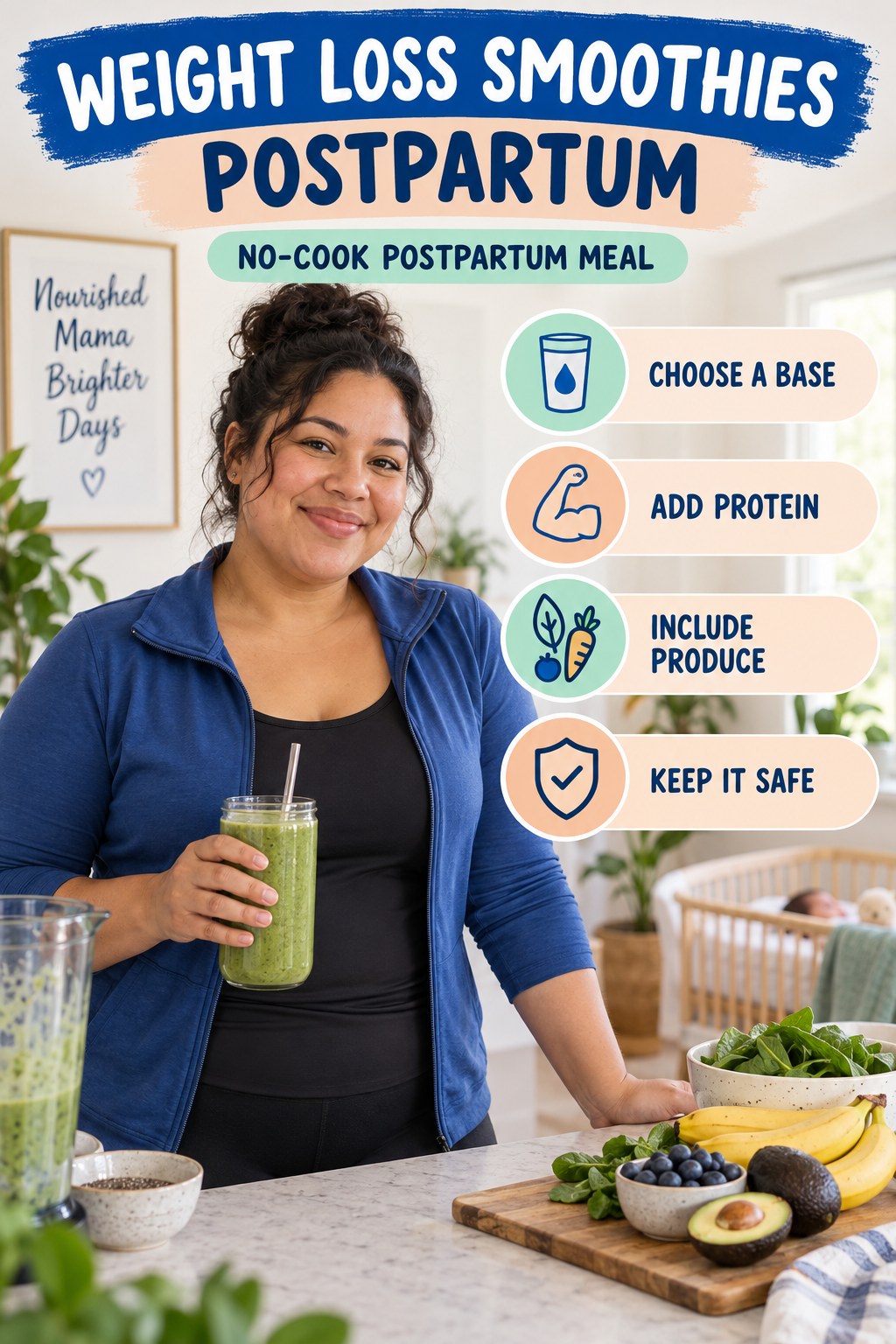 Weight Loss Smoothies postpartum graphic titled No-Cook Postpartum Meal with four gradual recovery-aware prompts.