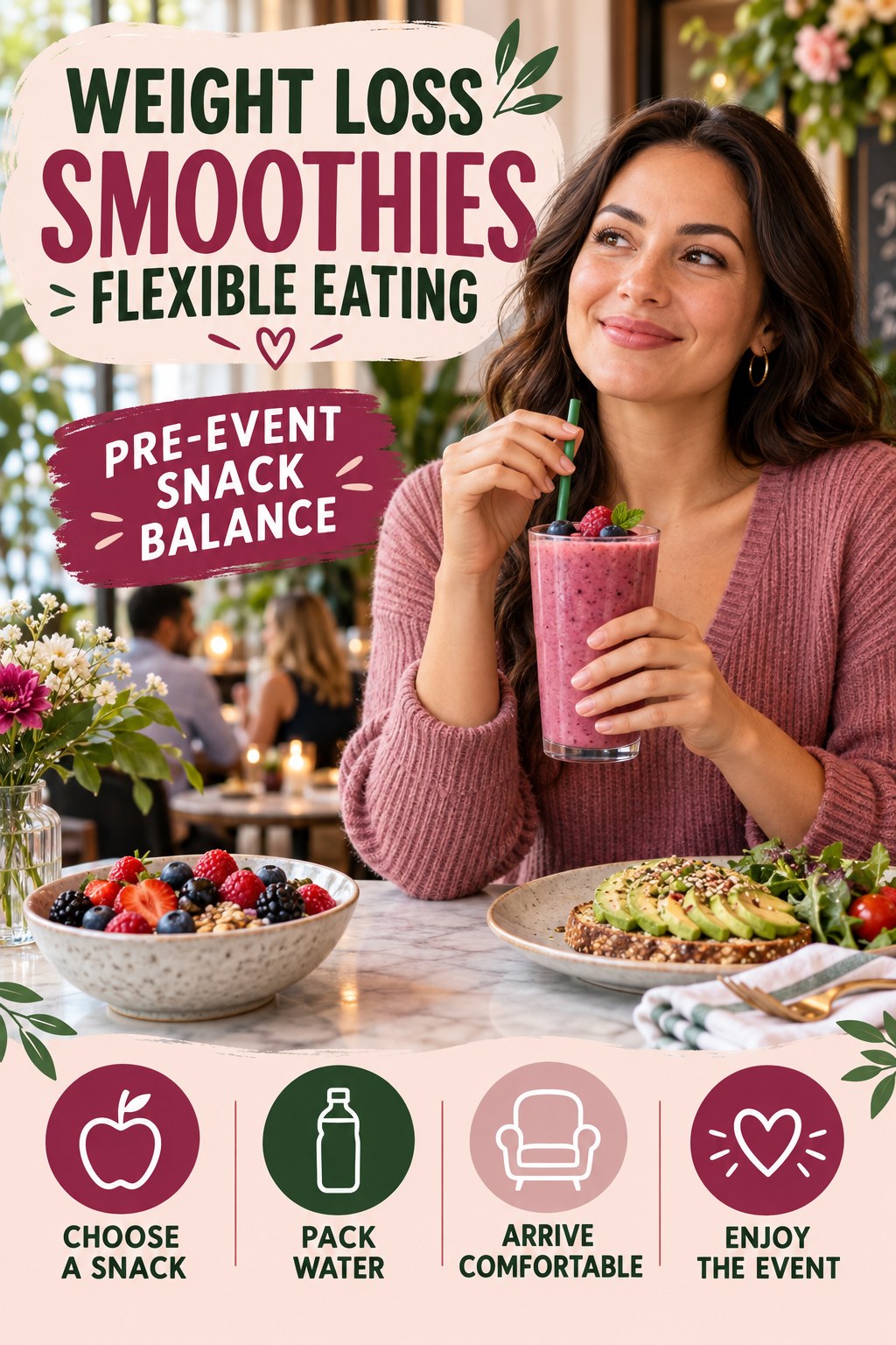 Weight Loss Smoothies flexible eating graphic titled Pre-Event Snack Balance with four practical balance prompts.