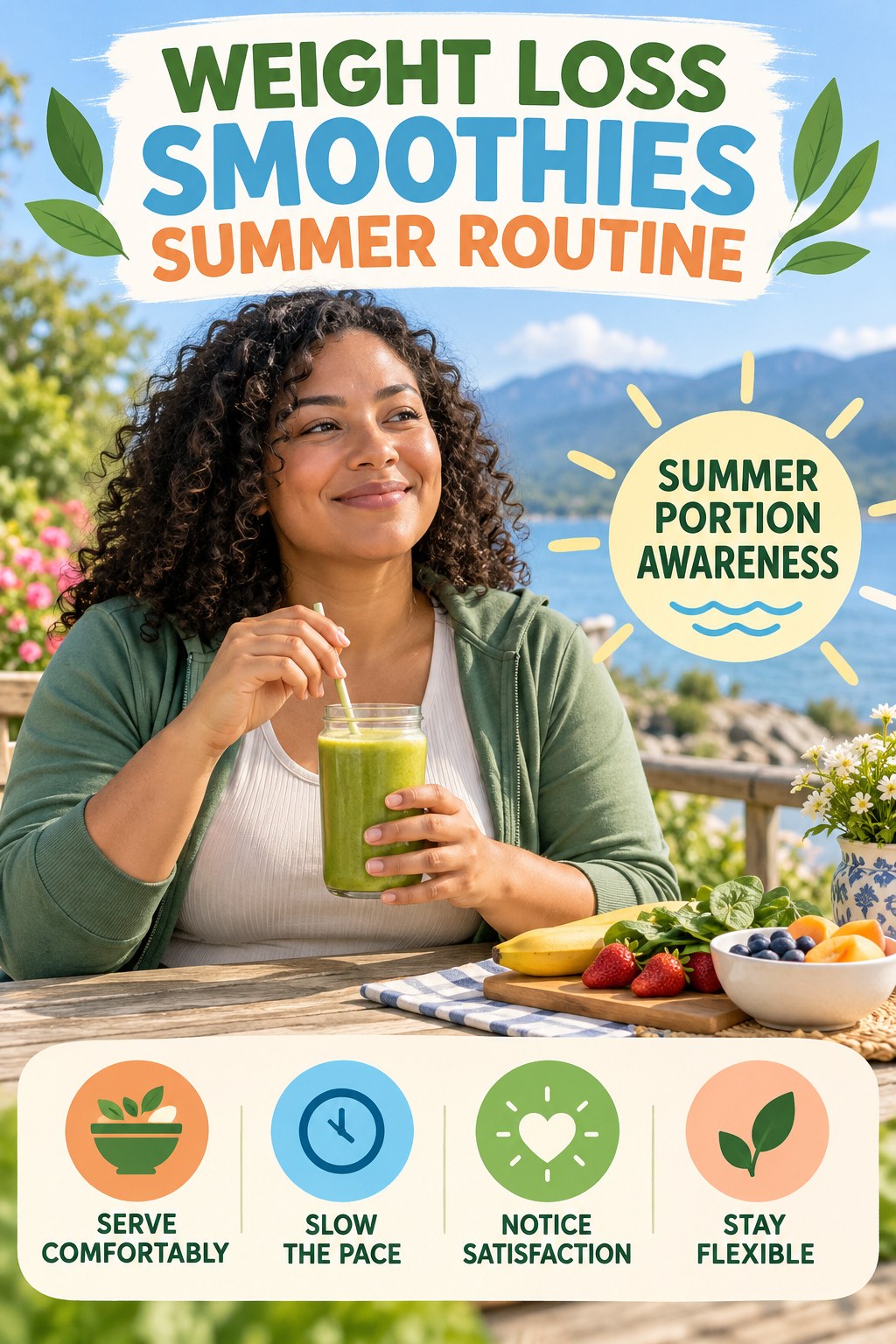 Weight Loss Smoothies summer routine graphic titled Summer Portion Awareness with four practical wellness prompts.