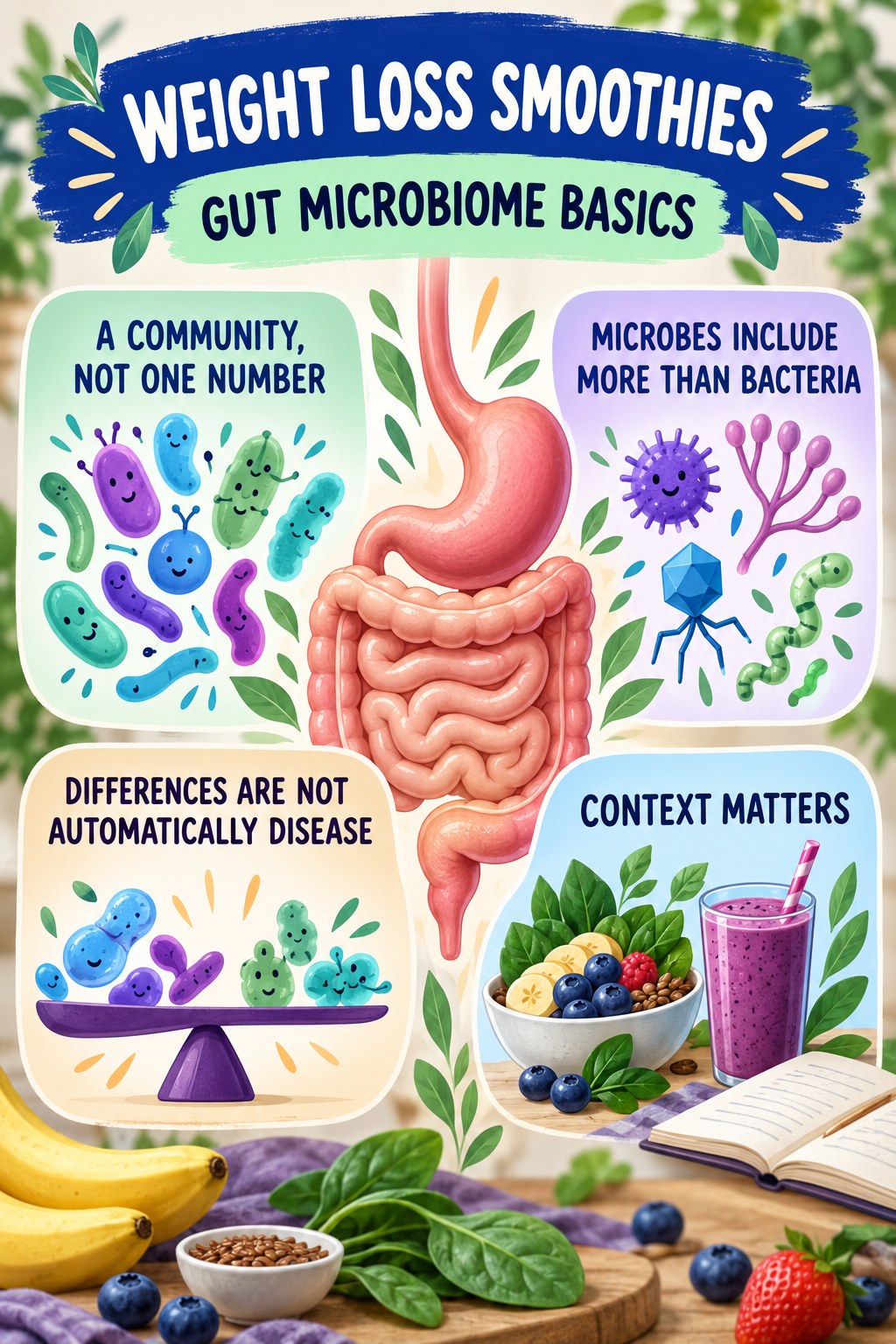 Gut Microbiome Basics Without a Perfect Score educational infographic for Weight Loss Smoothies with four evidence-aware points.