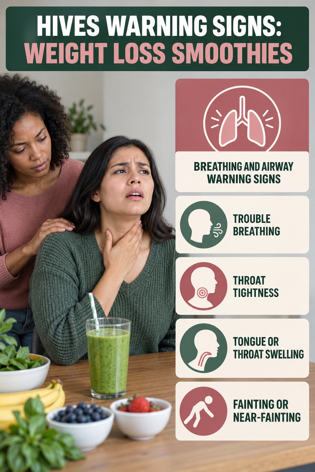 Breathing and Airway Warning Signs infographic for Weight Loss Smoothies, highlighting urgent breathing, throat, swelling, fainting, and rapid-progression warning signs without diagnosing hives.