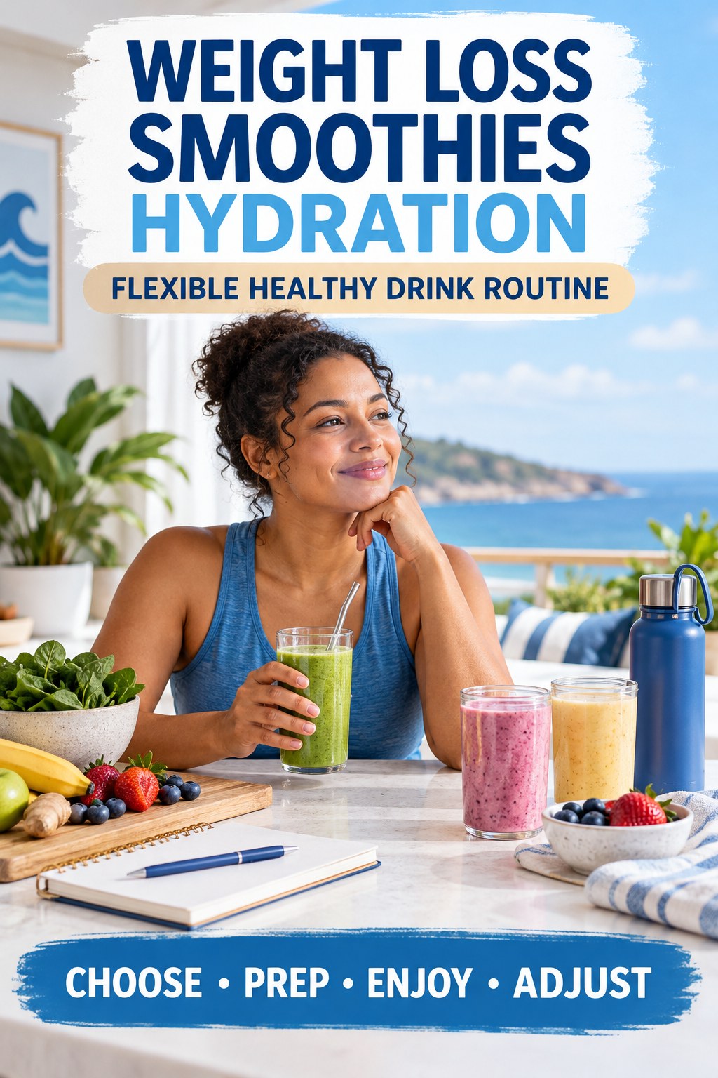 Weight Loss Smoothies hydration graphic titled Flexible Healthy Drink Routine with four flexible water-habit prompts and no fixed intake target.