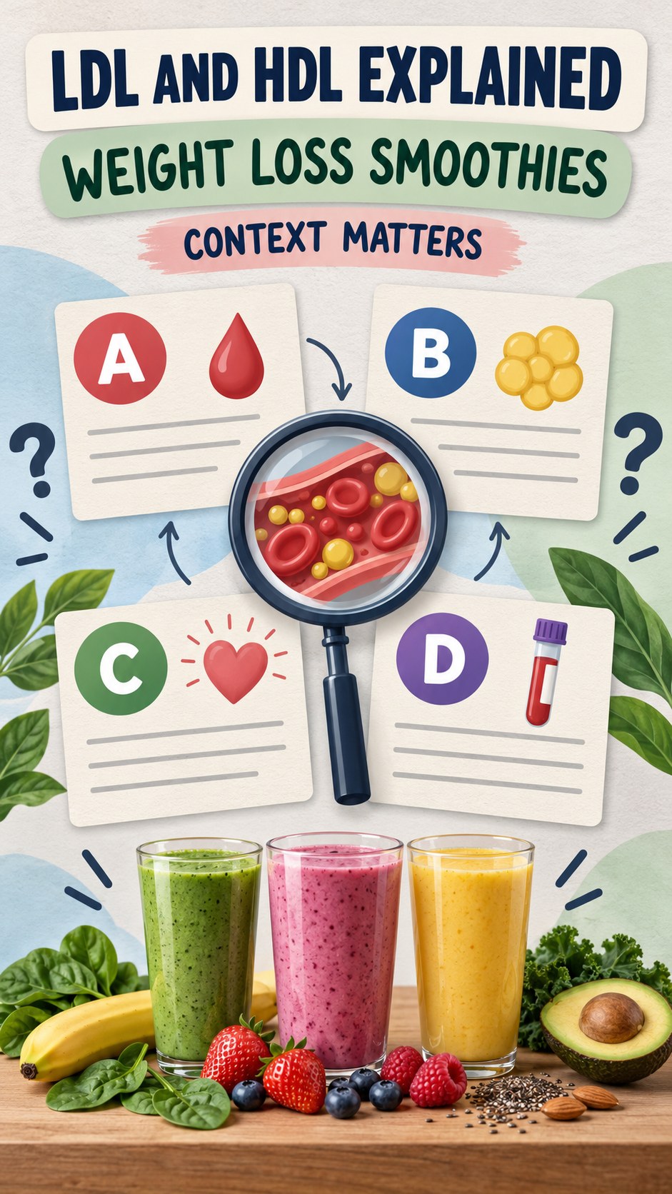 LDL and HDL Context Guide infographic for Weight Loss Smoothies, using a non-numerical educational lipid-panel layout with question and context icons.