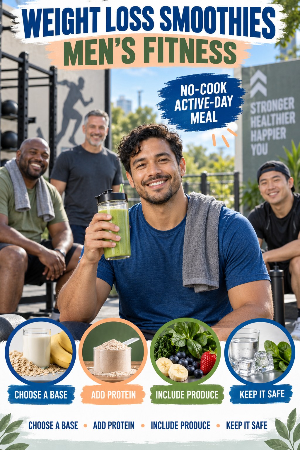 Weight Loss Smoothies men’s fitness graphic titled No-Cook Active-Day Meal with four practical training prompts.