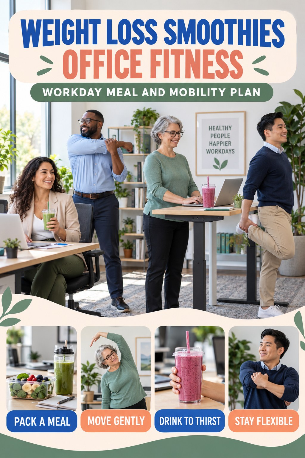 Weight Loss Smoothies office-fitness graphic titled Workday Meal and Mobility Plan with four practical workday movement prompts.