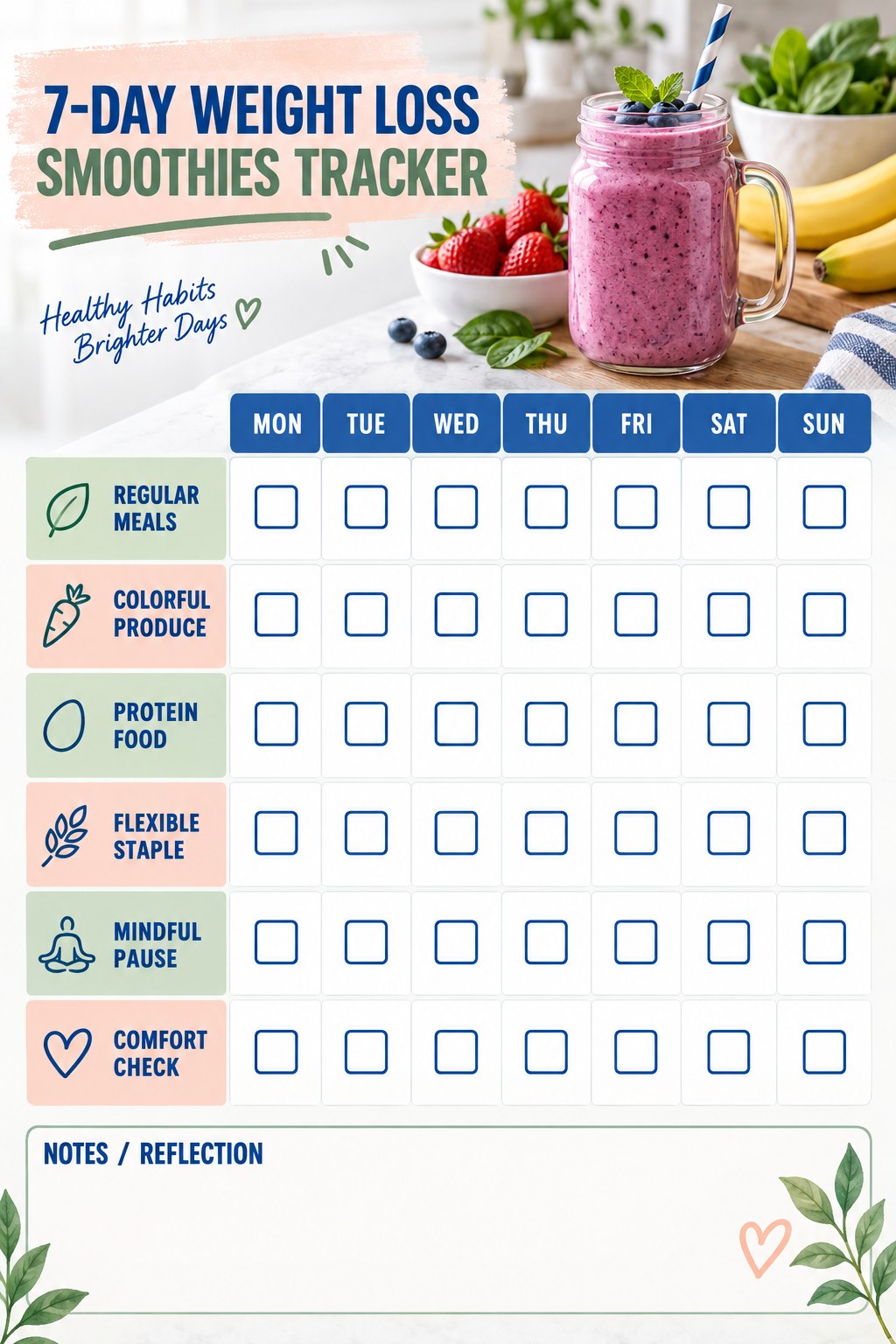 7-Day Weight Loss Smoothies printable-style tracker graphic with six labeled rows, empty checkboxes, and a reflection area.