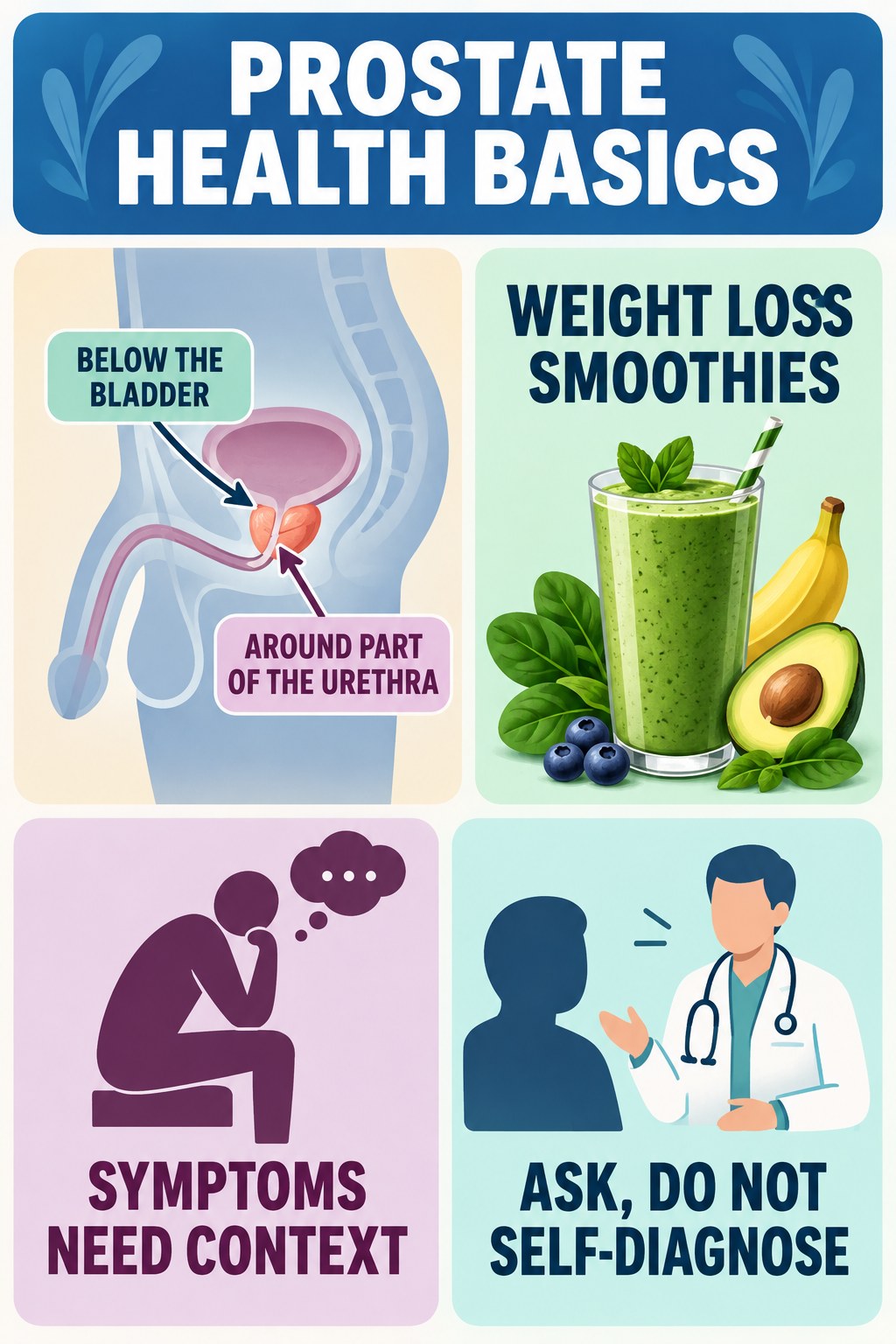 Prostate Anatomy Without Myths infographic for Weight Loss Smoothies with four concise prostate-health awareness points.