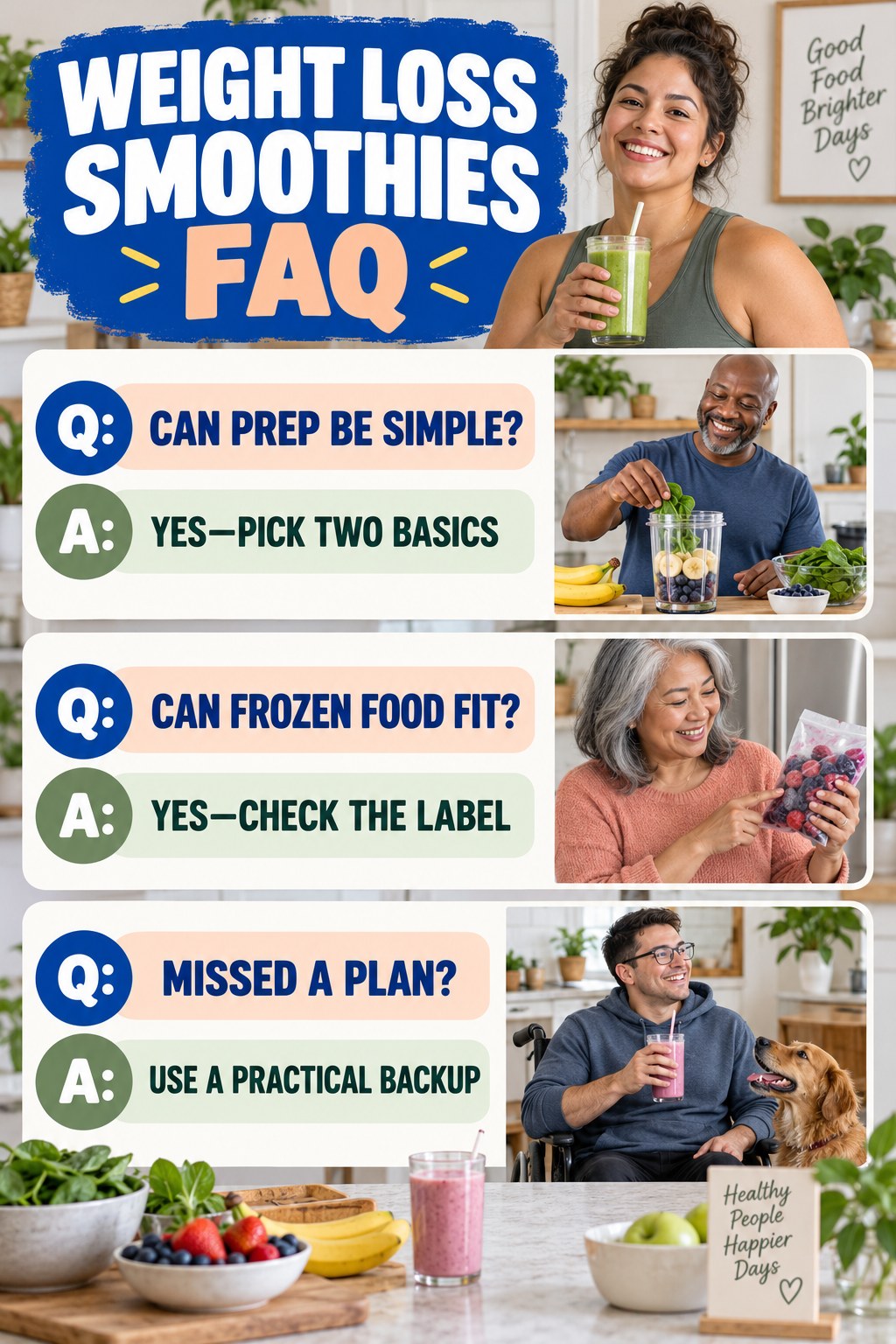 Weight Loss Smoothies FAQ graphic with three concise questions and practical answers for beginners.
