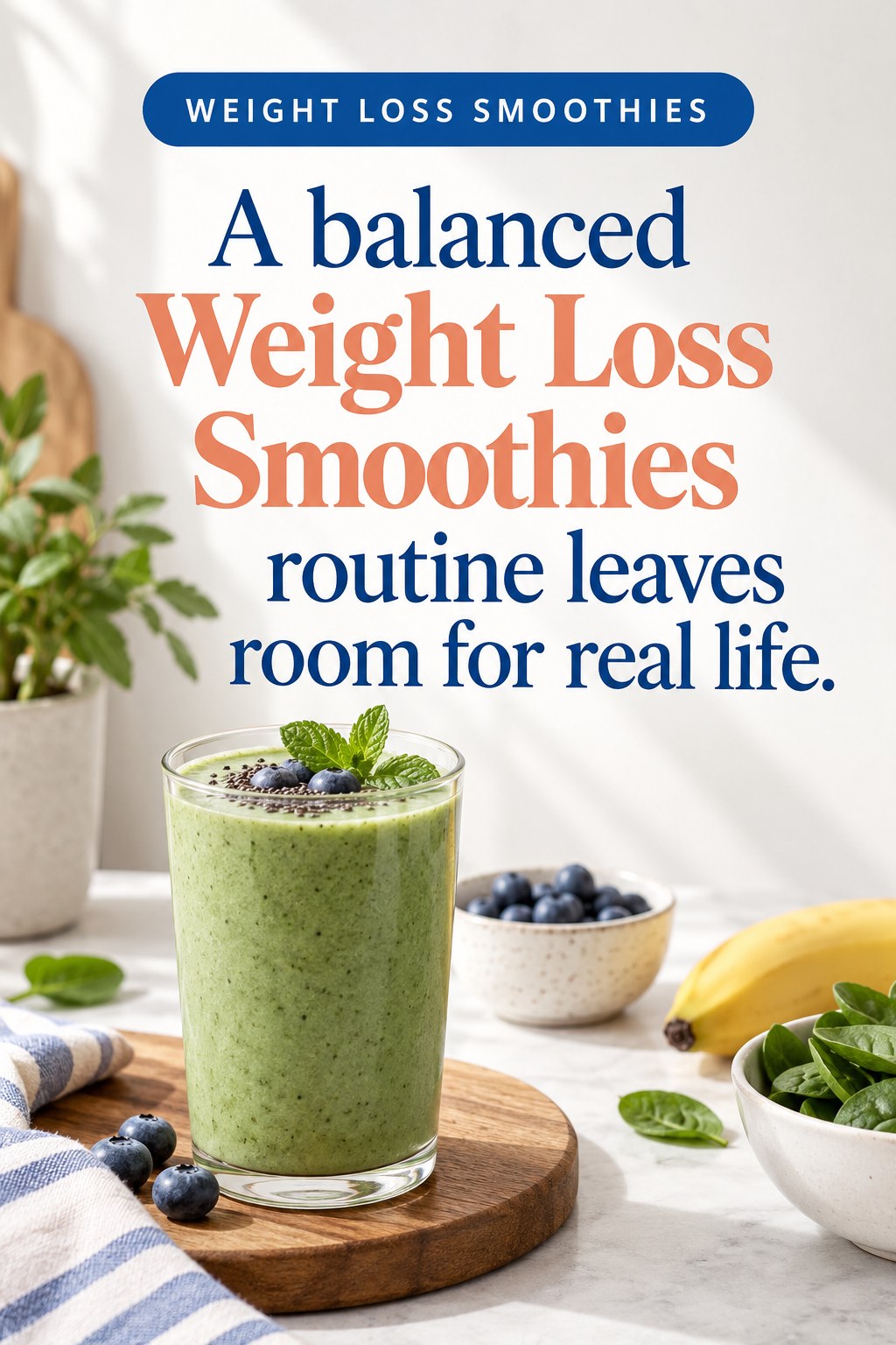 Original Weight Loss Smoothies quote graphic reading “A balanced Weight Loss Smoothies routine leaves room for real life.” in a board-relevant editorial design.
