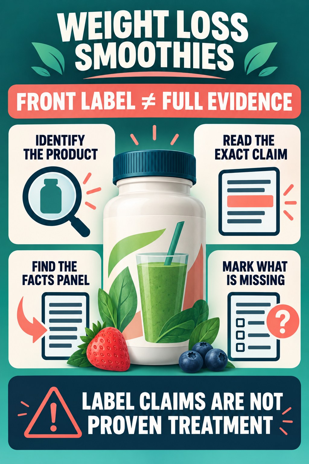 Read the Front Label Without Overreading It prostate supplement label-literacy infographic for Weight Loss Smoothies with four careful reading points.