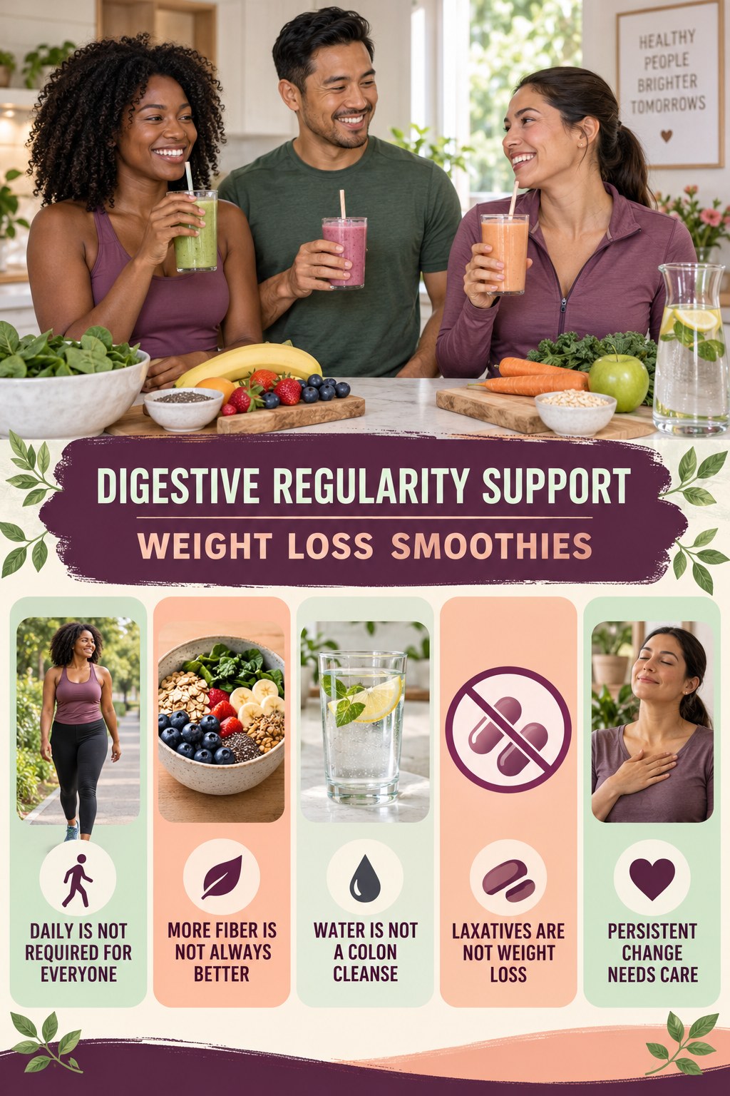 Regularity Myths and Facts infographic for Weight Loss Smoothies with five practical food, hydration, movement, or routine actions and no cleanse claims.