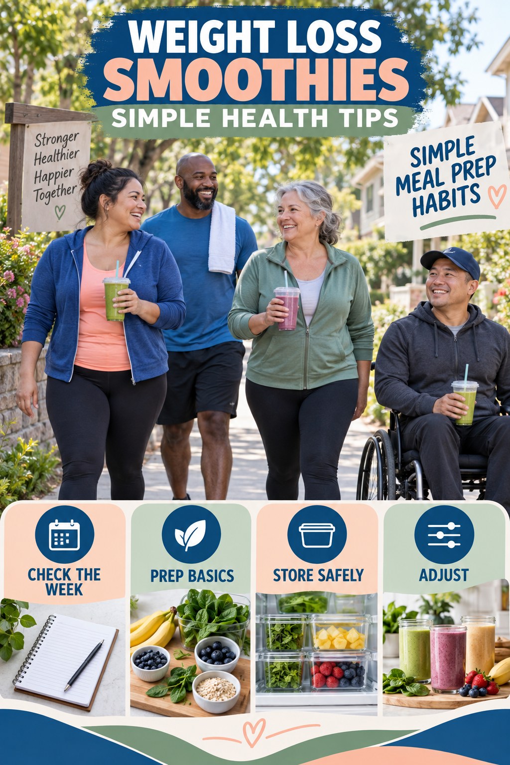 Weight Loss Smoothies simple-health graphic titled Simple Meal Prep Habits with four practical wellness prompts.