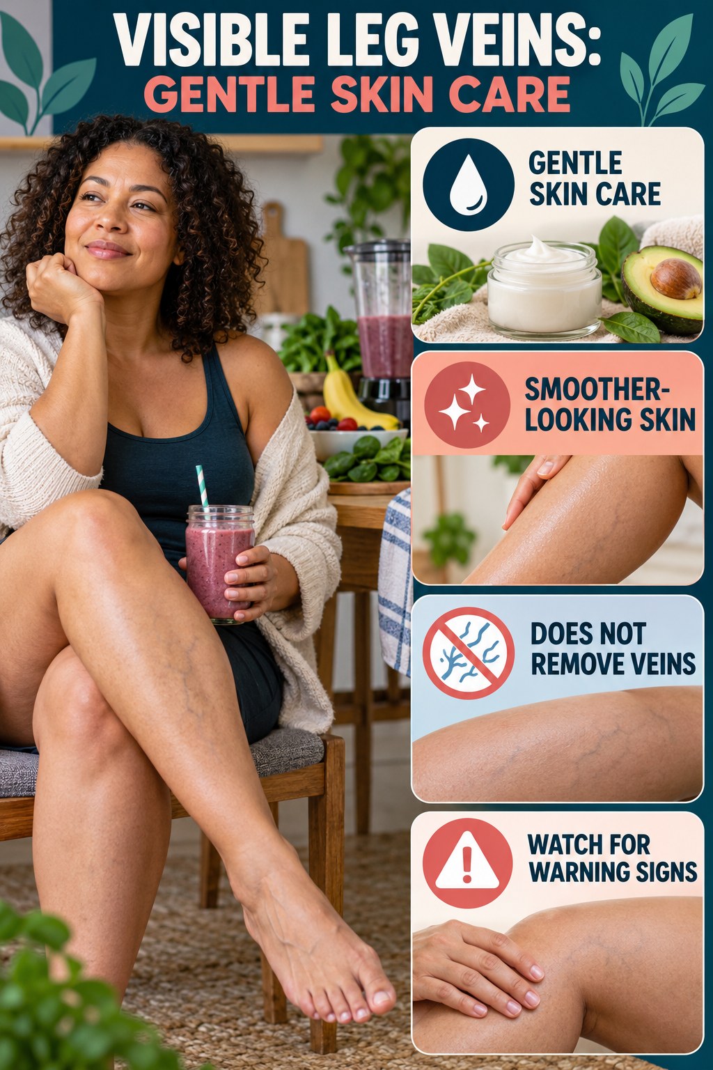 Gentle Skin Care infographic for Weight Loss Smoothies, showing body-neutral visible-leg-vein appearance care and the boundary between temporary cosmetic support and treatment.