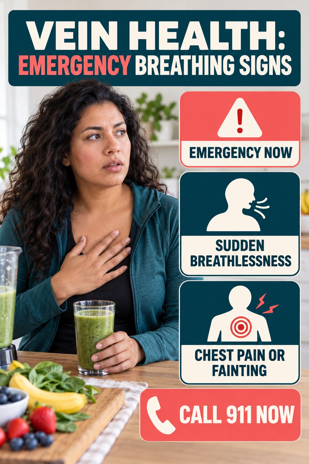 Emergency Breathing Signs infographic for Weight Loss Smoothies, explaining vein-health warning signs and the appropriate next action without diagnosing a condition.