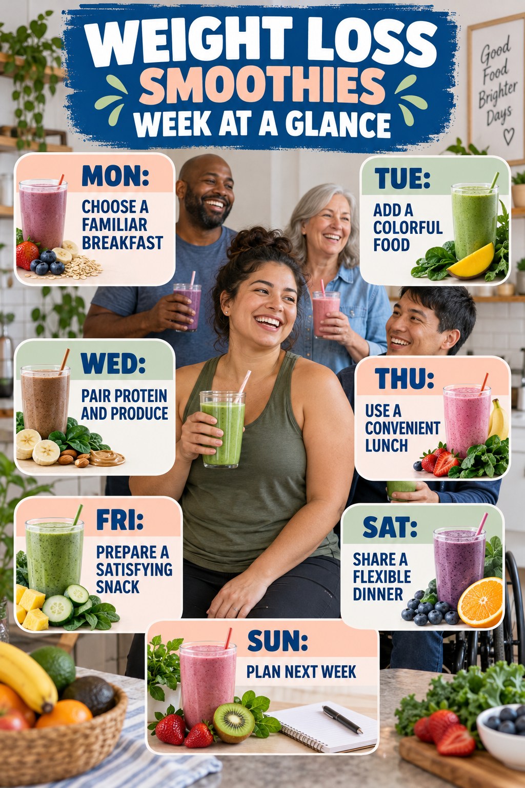 Weekly Weight Loss Smoothies plan graphic with concise Monday-to-Sunday actions and flexible recovery guidance.