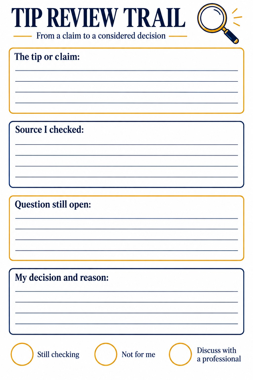 Blank four-part claim review trail with fields for a tip, source, question, and decision