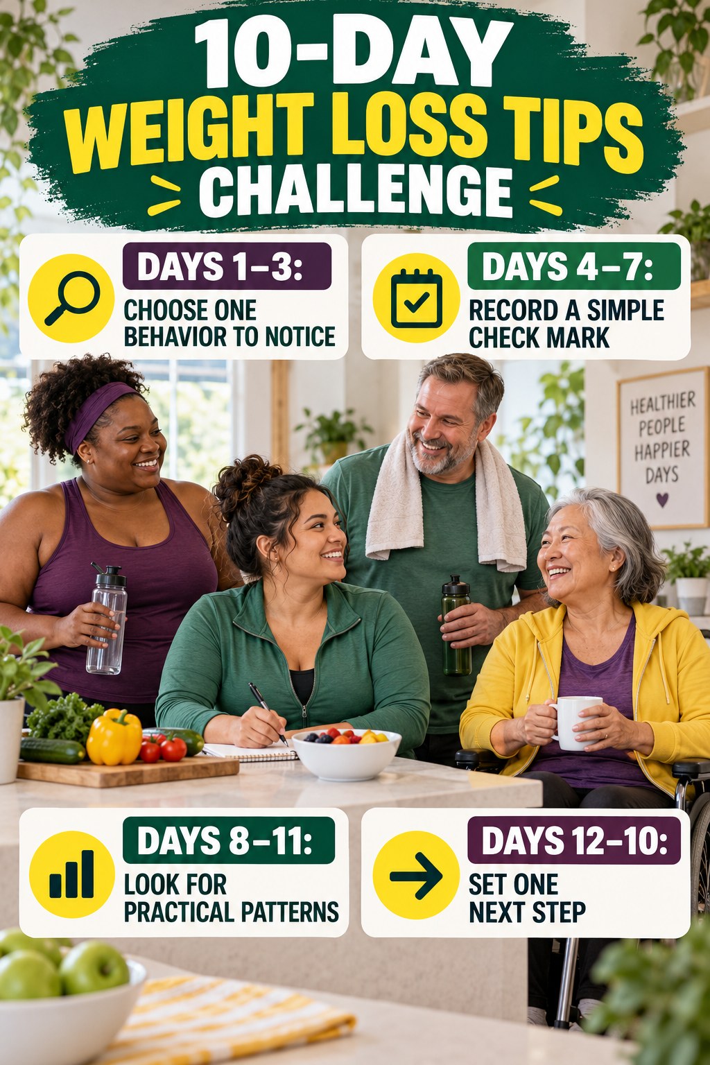 10-day Weight Loss Tips challenge graphic showing four manageable milestones for consistent practice.