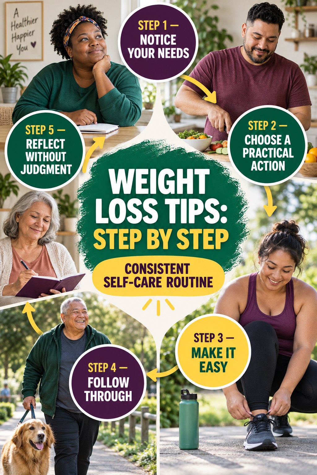 Weight Loss Tips step-by-step graphic showing five numbered stages for consistent self-care routine.