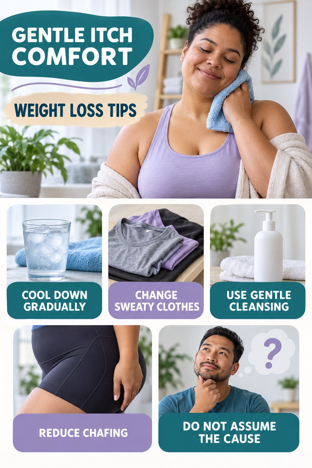 After-Activity Skin Comfort infographic for Weight Loss Tips with five gentle itchy-skin comfort strategies and a non-diagnostic safety focus.