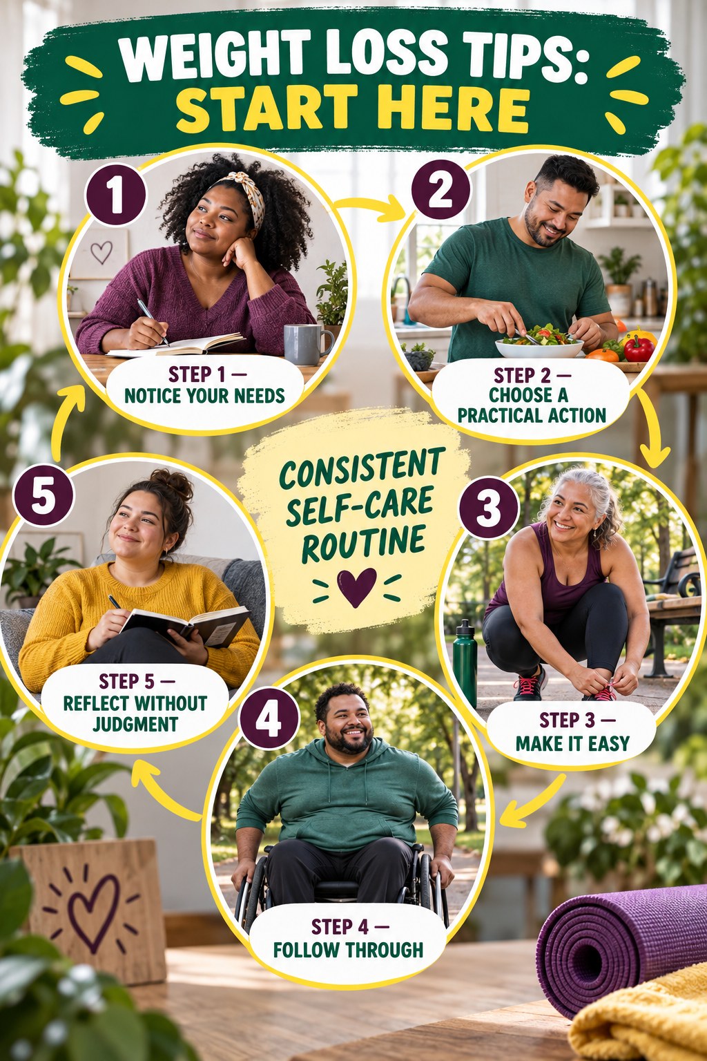 Weight Loss Tips beginner guide graphic showing five manageable stages for consistent self-care routine.