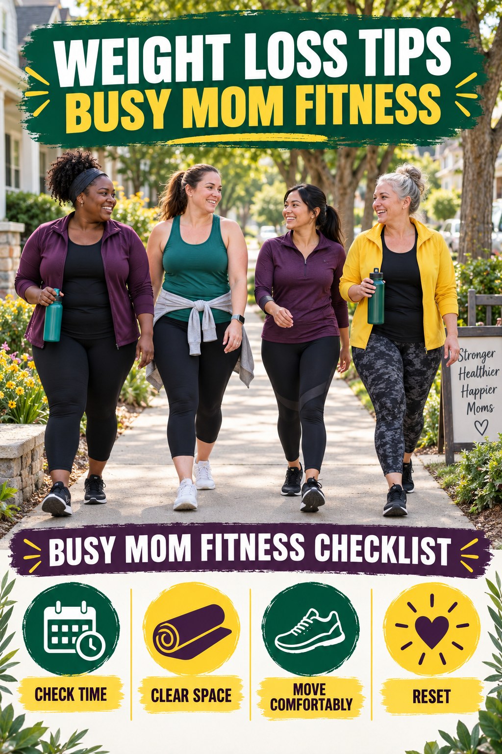 Weight Loss Tips busy-mom fitness graphic titled Busy Mom Fitness Checklist with four practical movement prompts.