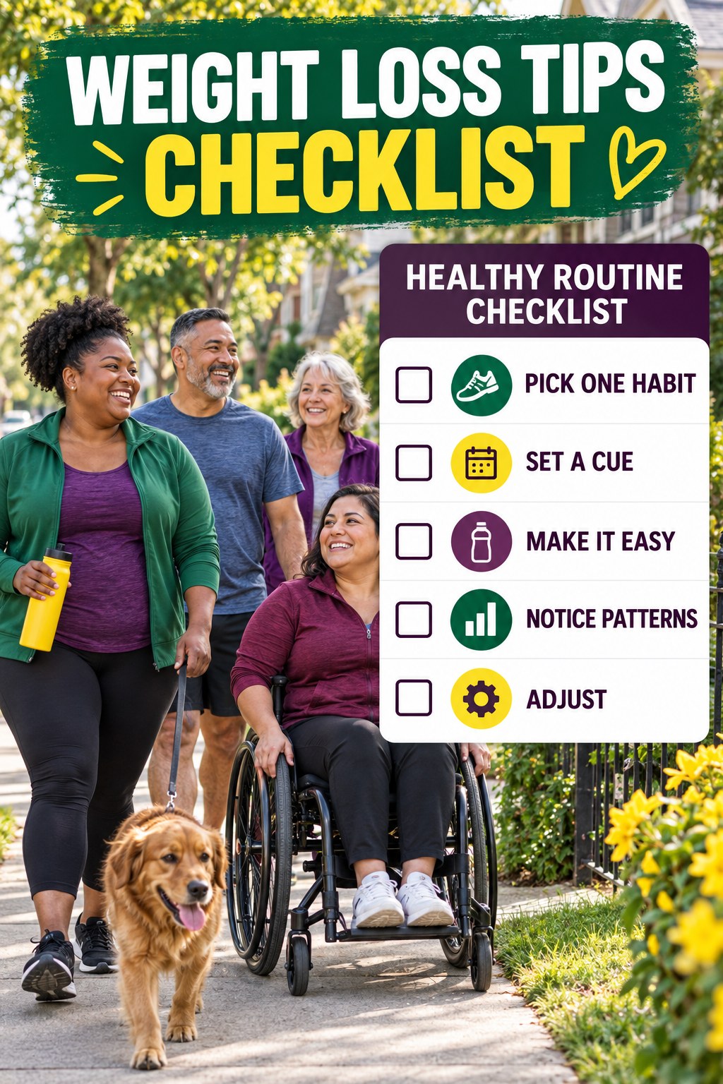 Weight Loss Tips checklist graphic titled Healthy Routine Checklist with five clear practical wellness items.