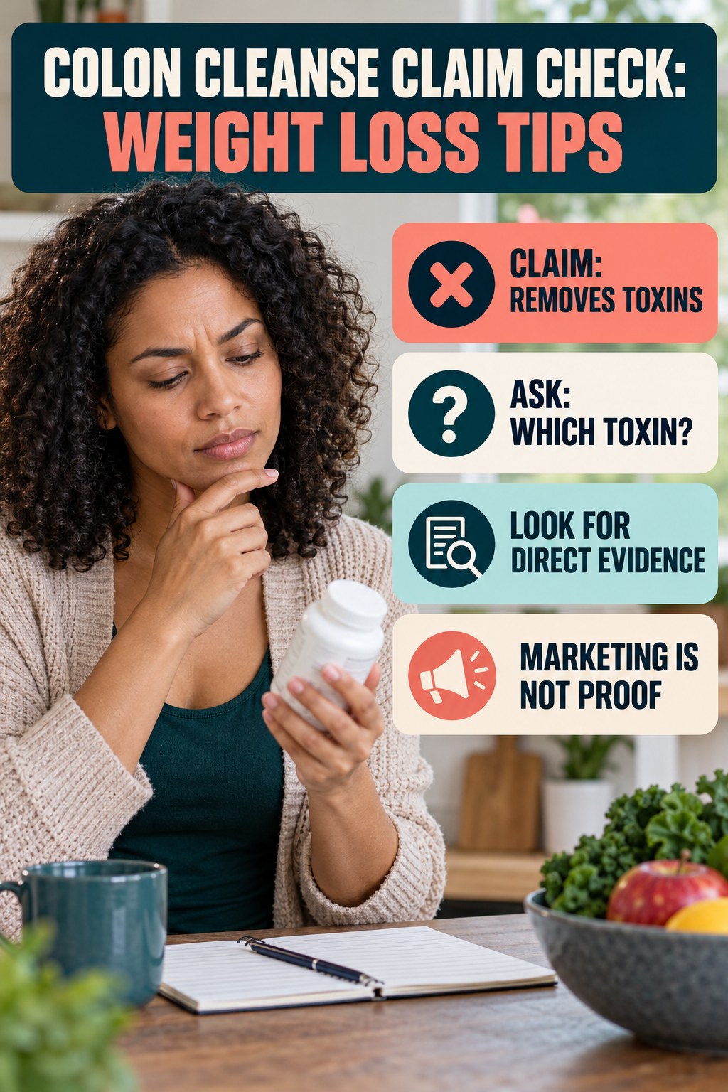 Undefined Toxin Claims infographic for Weight Loss Tips, separating a colon-cleanse marketing claim from evidence, reasonable conclusions, and safety context.