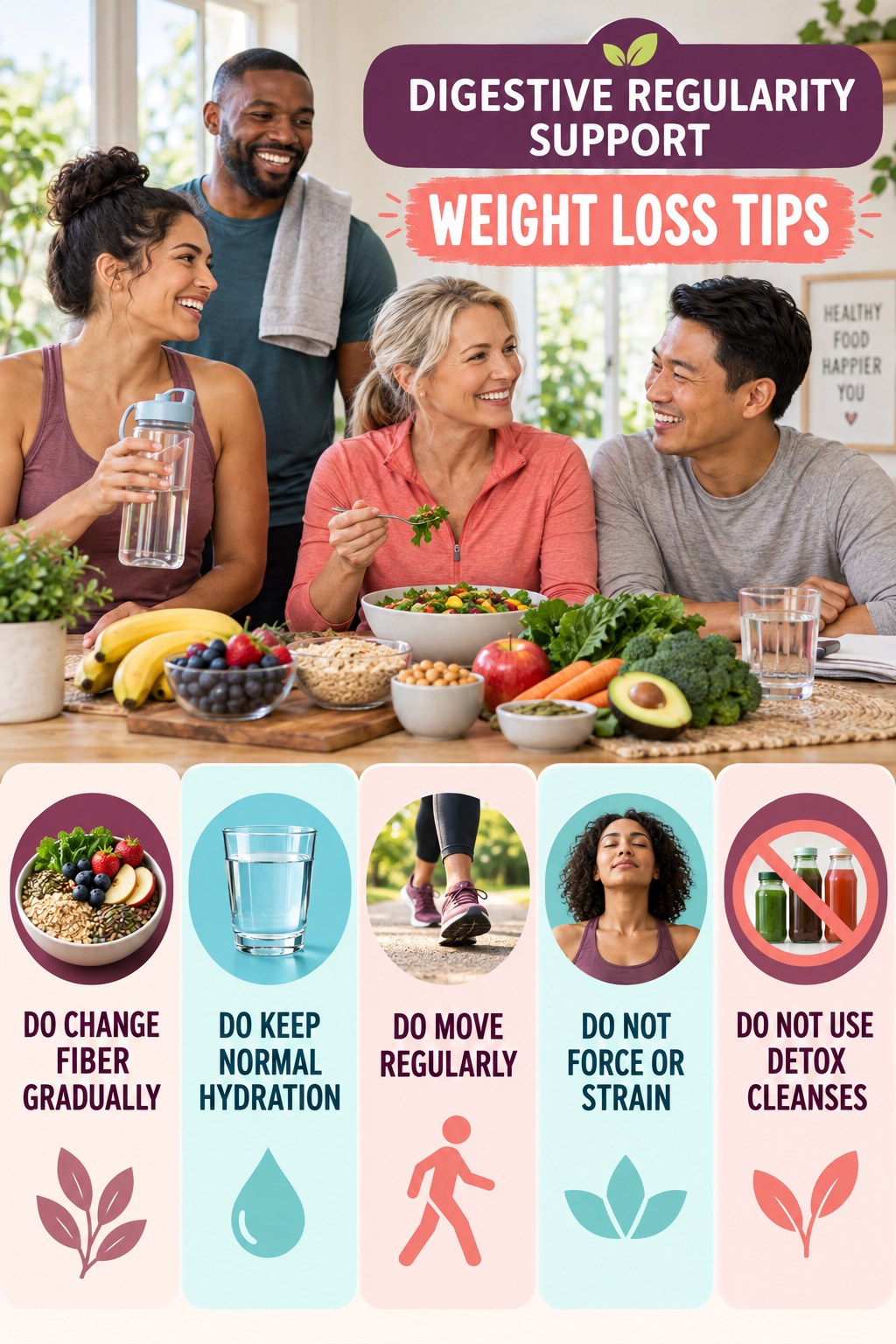 Digestive Wellness Do and Do Not infographic for Weight Loss Tips with five practical food, hydration, movement, or routine actions and no cleanse claims.
