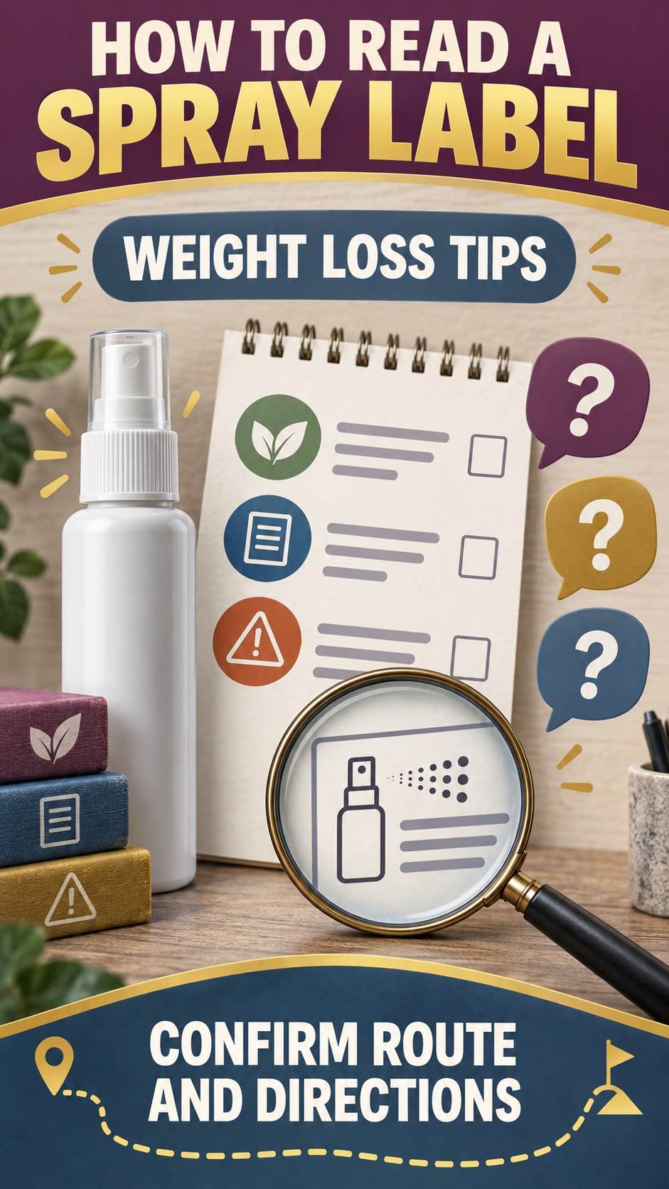 Directions and Route Review infographic for Weight Loss Tips, showing a generic spray-label checklist that separates available facts, missing details, and evidence questions.