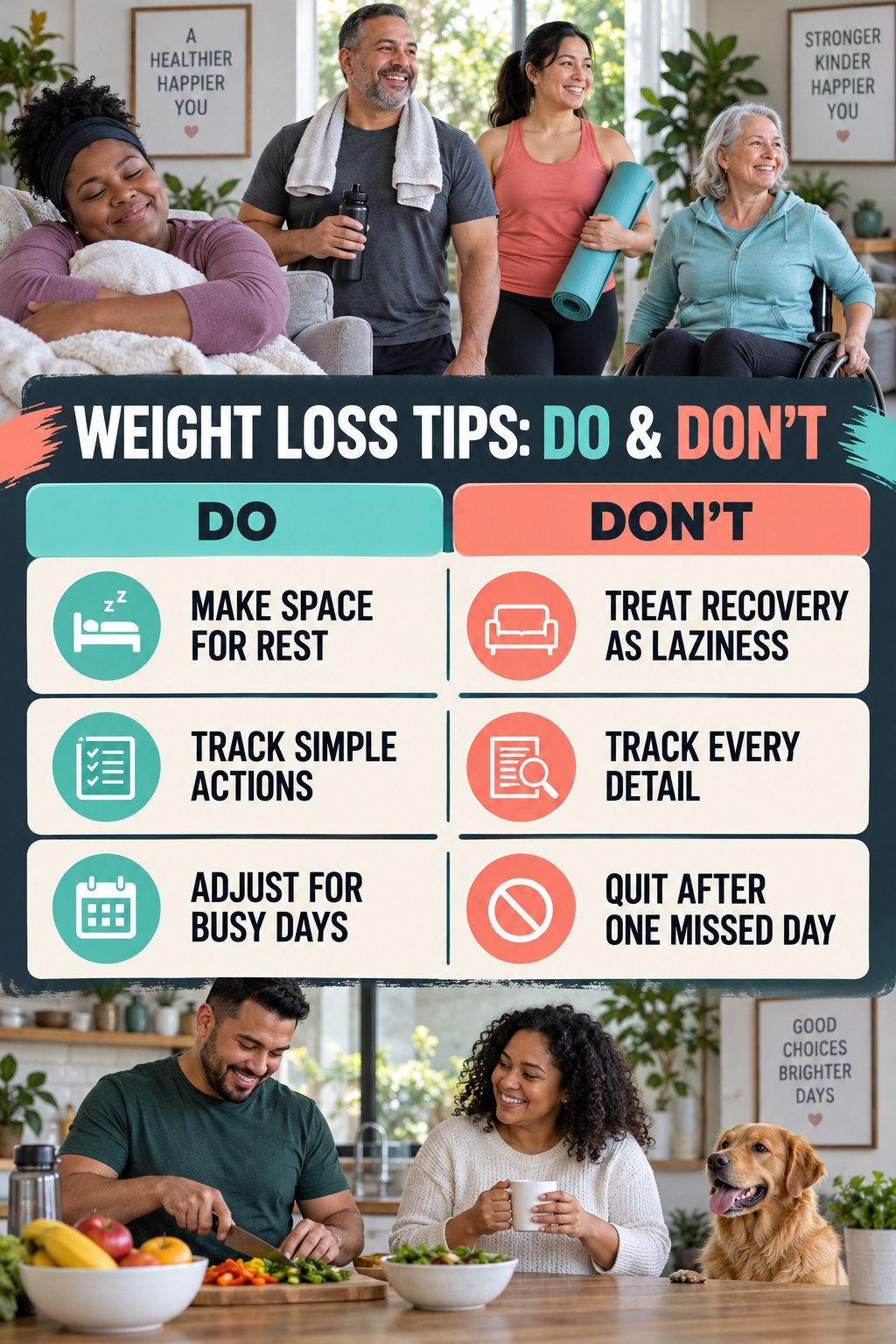 Weight Loss Tips Do and Don’t comparison graphic showing three practical behavior pairs for balanced lifestyle.