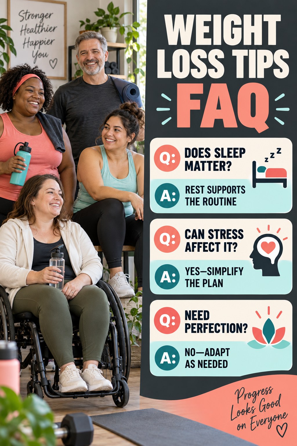 Weight Loss Tips FAQ graphic with three concise questions and practical answers for beginners.