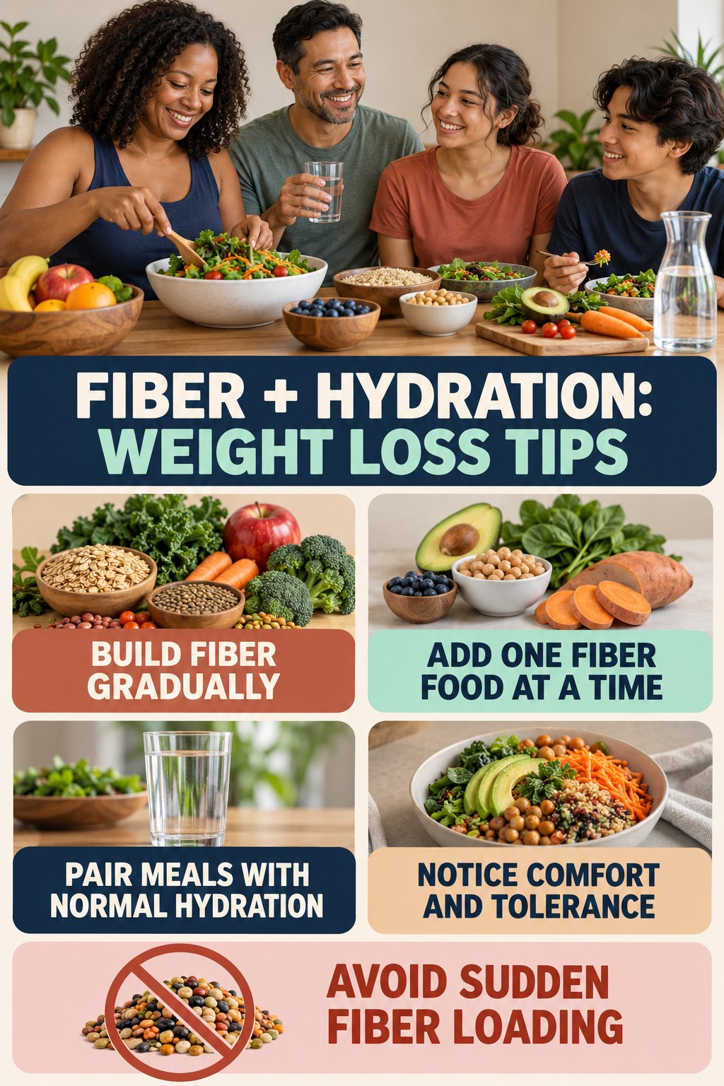 Build Fiber Gradually infographic for Weight Loss Tips, showing gradual food-first fiber, appropriate hydration, realistic bowel routines, and safe warning boundaries.