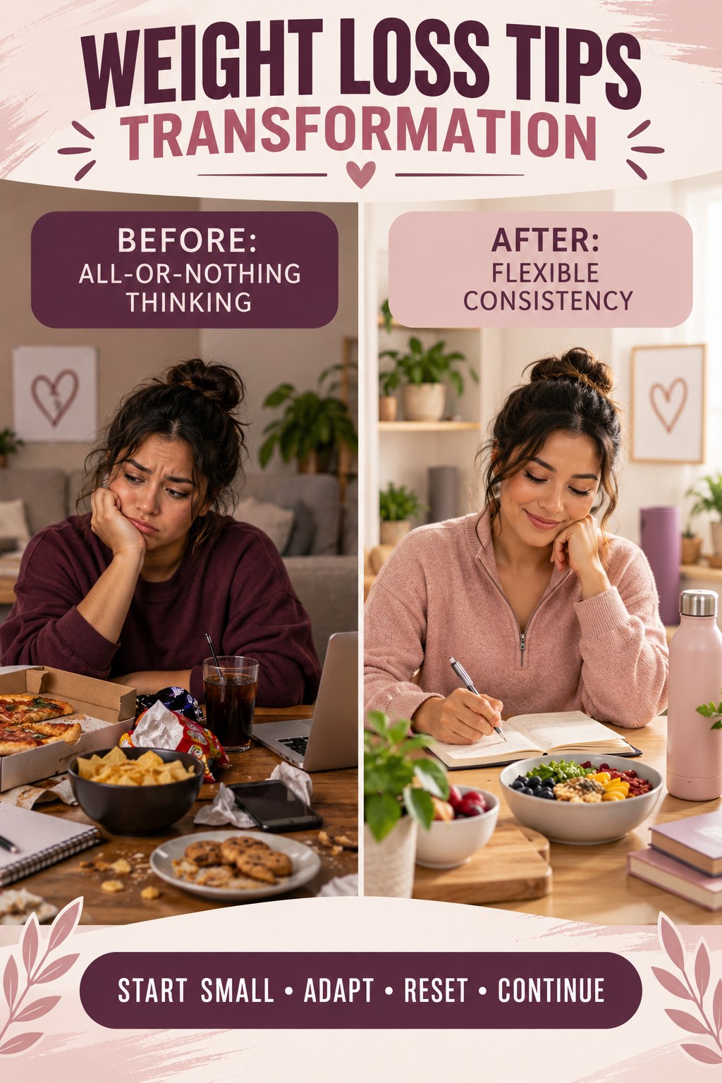 Weight Loss Tips habit transformation graphic comparing all-or-nothing thinking with flexible consistency using four practical steps.
