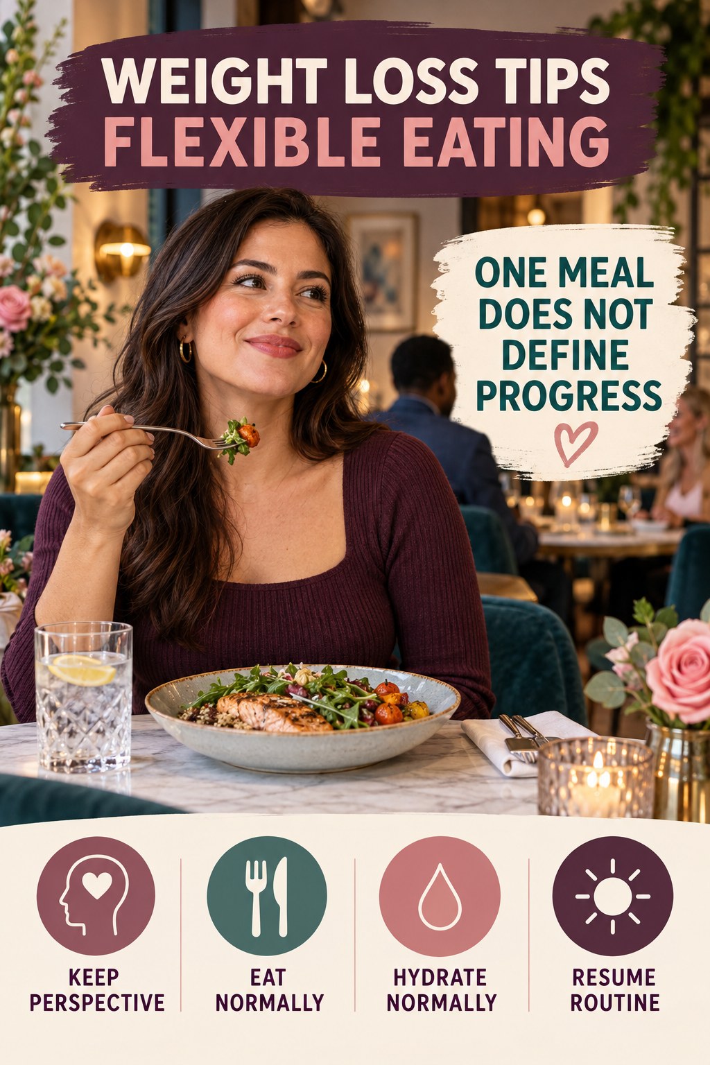 Weight Loss Tips flexible eating graphic titled One Meal Does Not Define Progress with four practical balance prompts.
