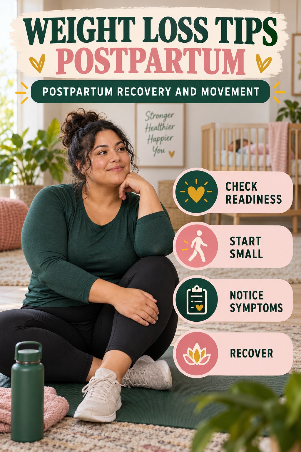 Weight Loss Tips postpartum graphic titled Postpartum Recovery and Movement with four gradual recovery-aware prompts.