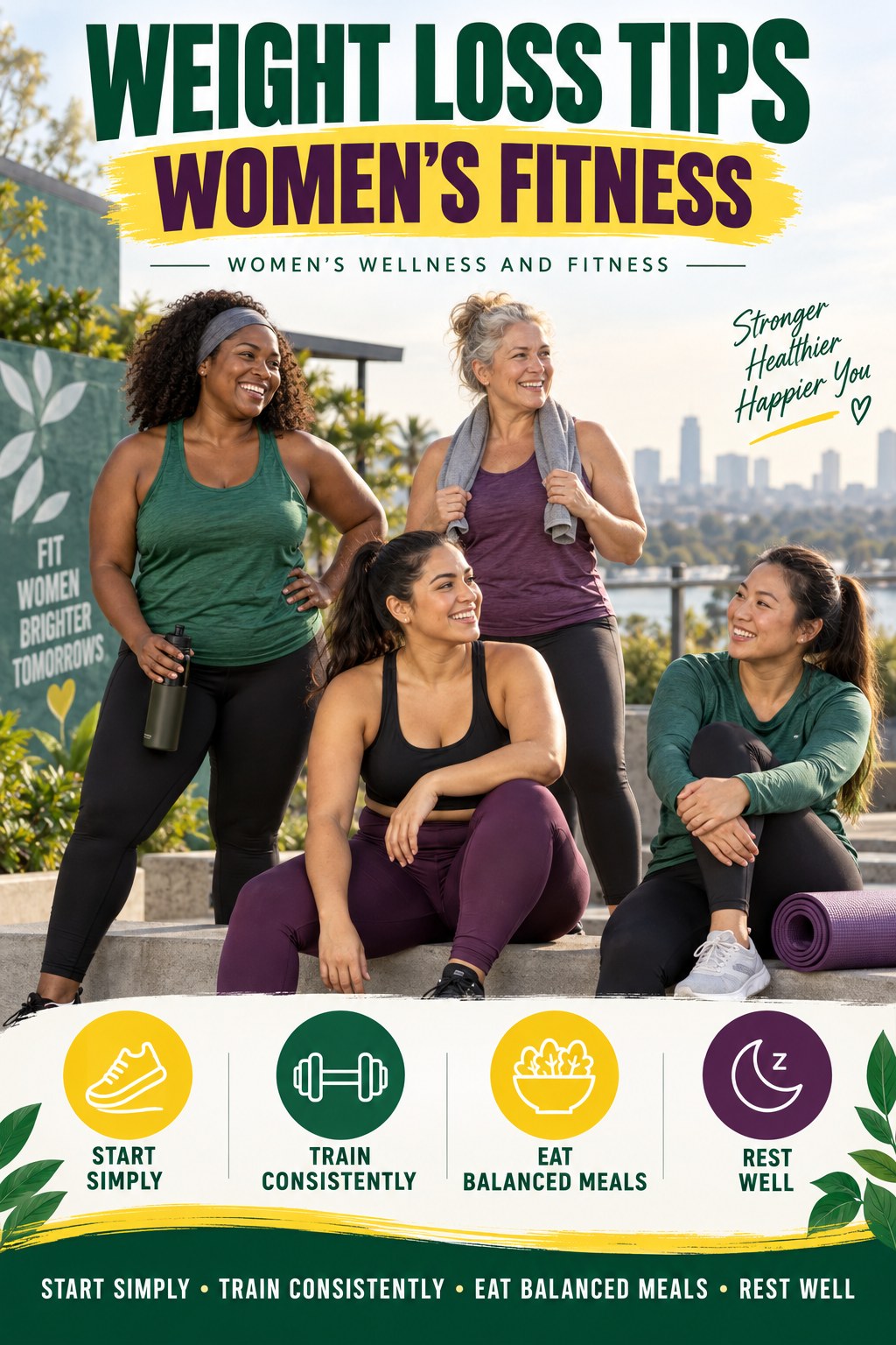 Weight Loss Tips women’s fitness graphic titled Women’s Wellness and Fitness with four practical training prompts.