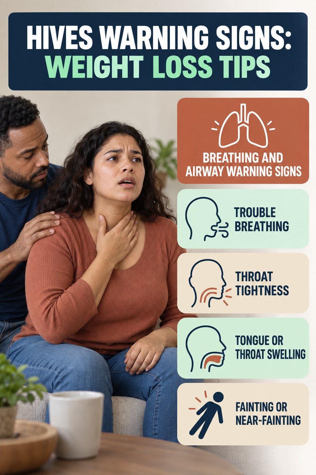 Breathing and Airway Warning Signs infographic for Weight Loss Tips, highlighting urgent breathing, throat, swelling, fainting, and rapid-progression warning signs without diagnosing hives.