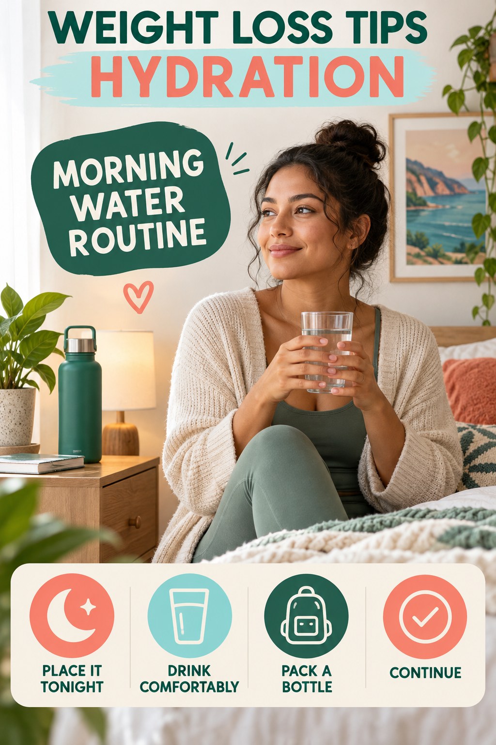 Weight Loss Tips hydration graphic titled Morning Water Routine with four flexible water-habit prompts and no fixed intake target.