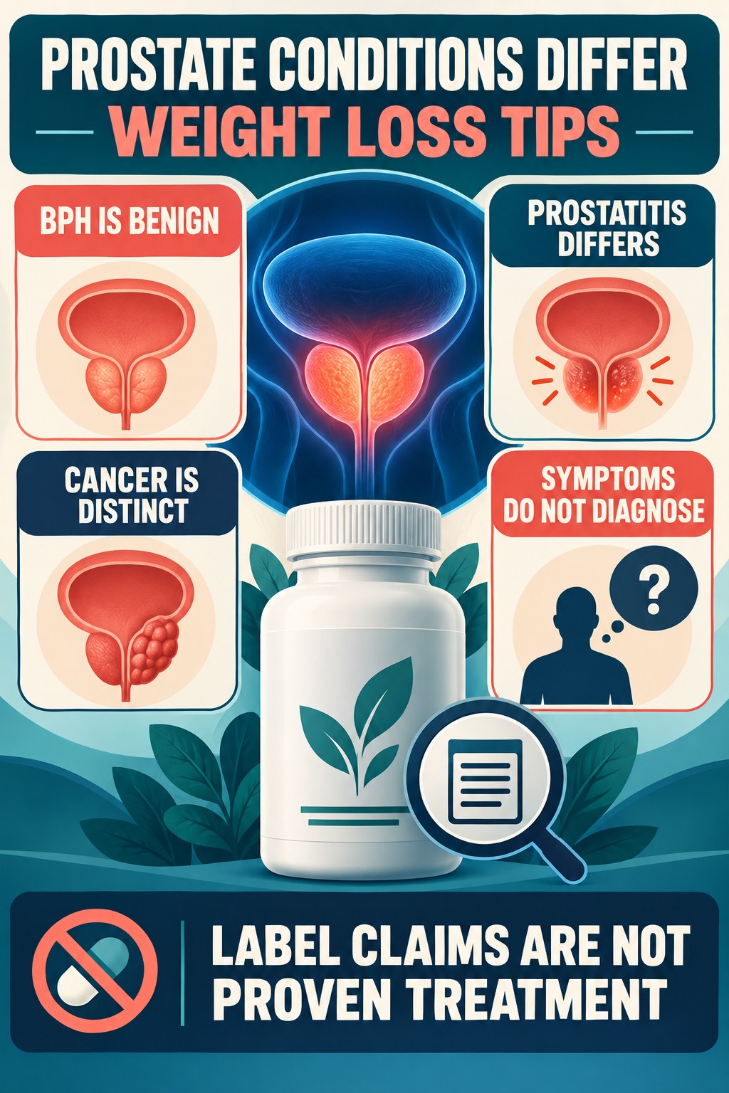 Keep BPH, Prostatitis, and Cancer Distinct prostate supplement label-literacy infographic for Weight Loss Tips with four careful reading points.