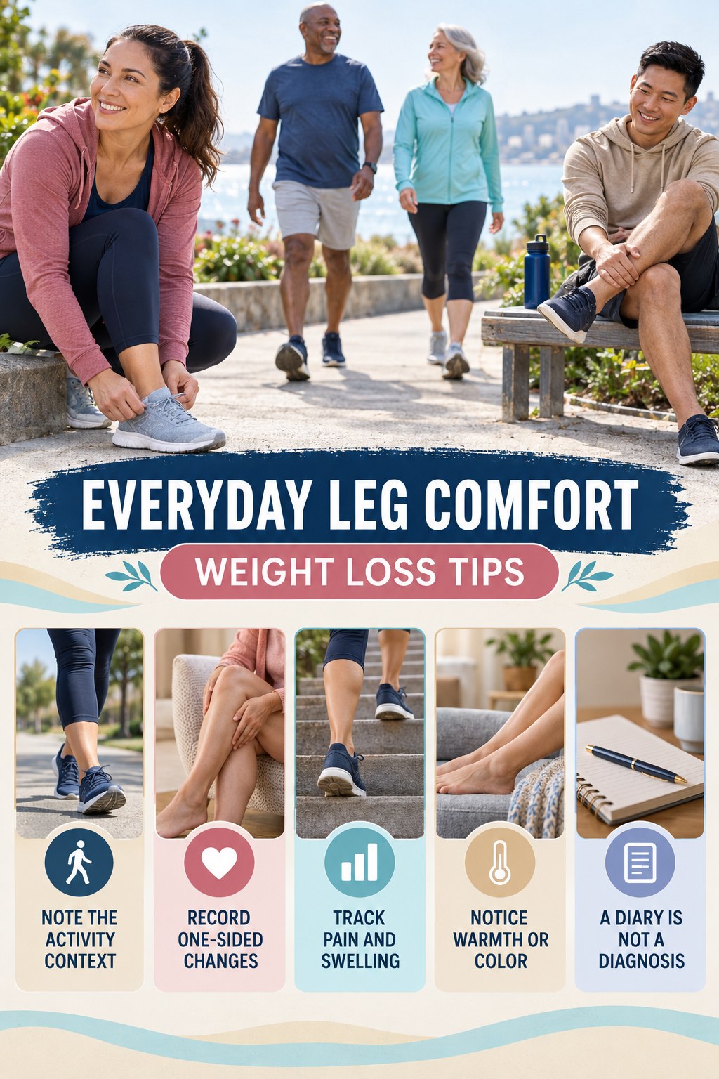Leg Comfort Pattern Tracker infographic for Weight Loss Tips with five gentle movement, position, footwear, recovery, or safety actions.