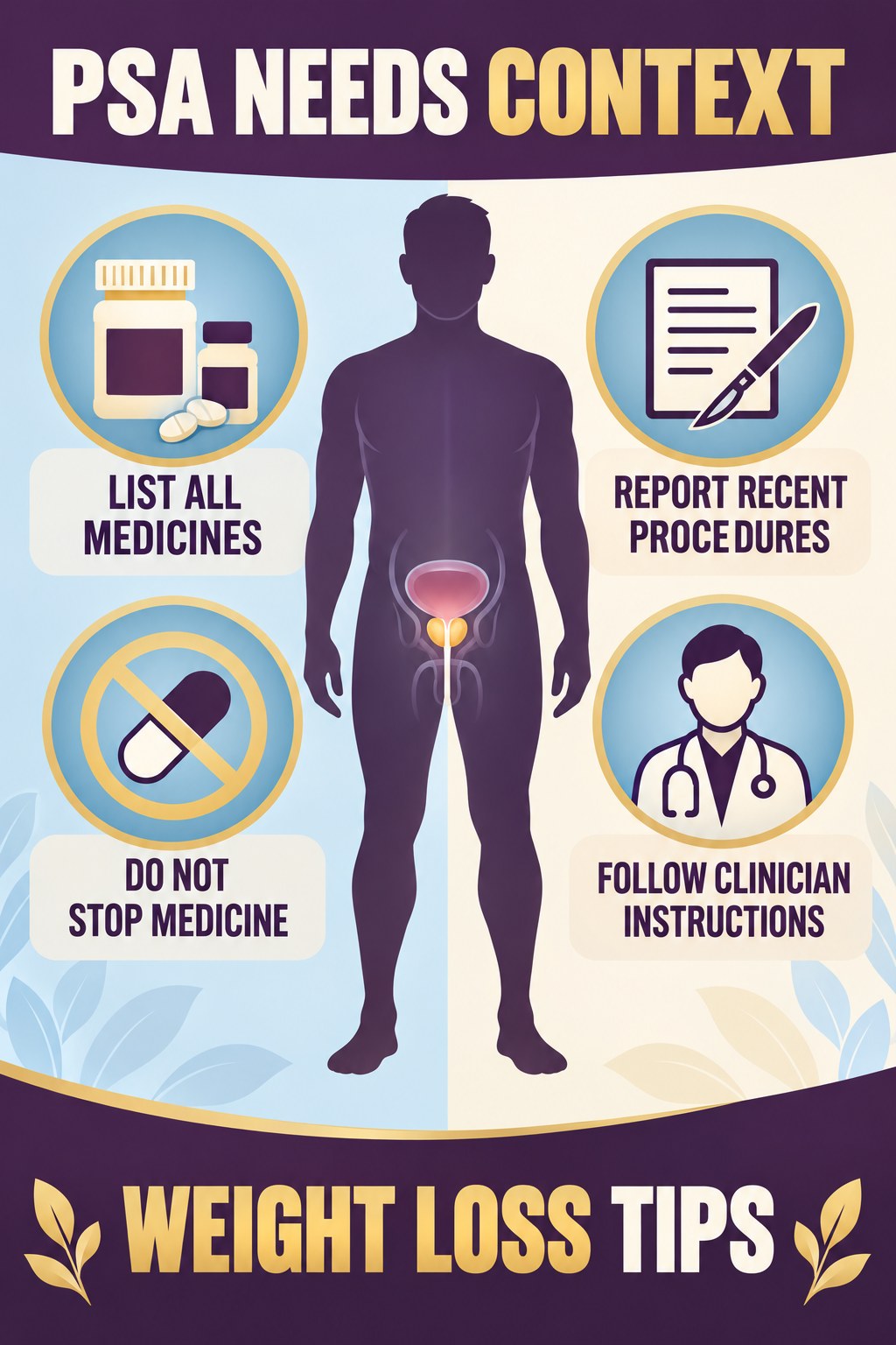 Medication History Matters for PSA Context infographic for Weight Loss Tips with four concise prostate-health awareness points.