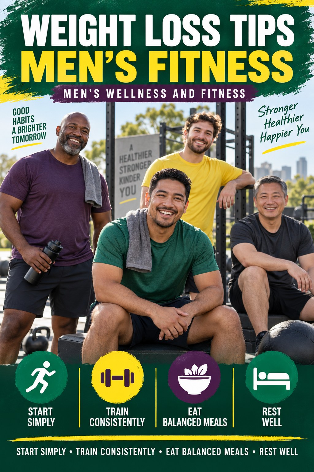Weight Loss Tips men’s fitness graphic titled Men’s Wellness and Fitness with four practical training prompts.